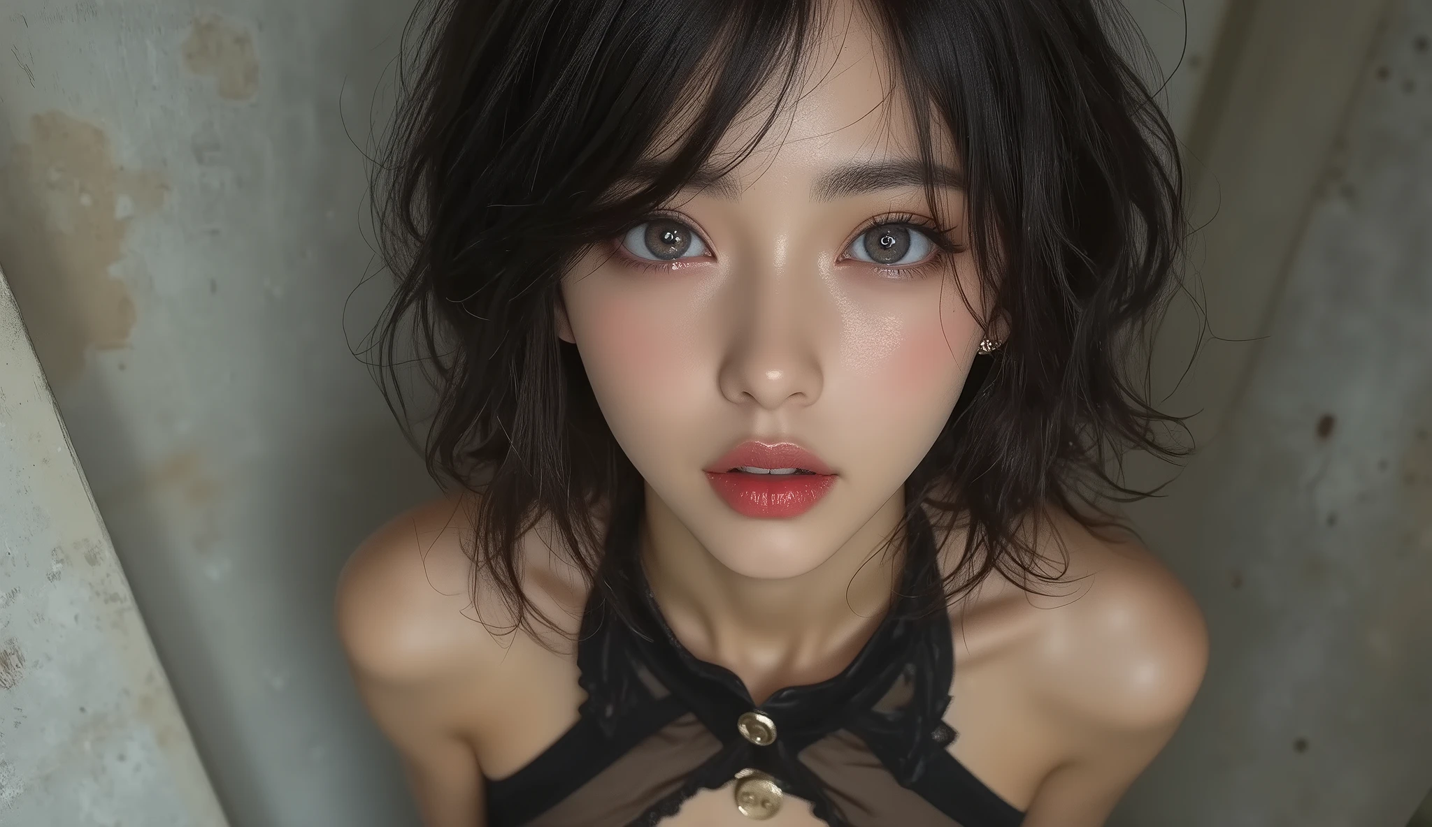 8k,super high resolution , best quality, masterpiece,rule of thirds,golden ratio,surreal,pictures, one woman,( girl:1.3),cute,cute顔, Beautiful Eyes in Every Detail , 細かくdetails,mature woman,princess,upper body, black hair,Wavy bob,ID photo, luxurious and beautiful ,(A Famous Japanese Idol Girl),(((glaring))),((military formal wear:1.3)),((Female Officer)),Low position,low angle to the crotch,Exposed concrete wall,Stiletto heels,( She's Standing in Front of Me), very delicate expression , delicate eye description,, healthy body, ((1 female)), Height: 160cm ,( thin waist:1.4)、( Beautiful :1.4), pink lips,Profile ,((( ideal figure))),Small bust, A cup :2, portraits:2、 perfect anatomy 、鮮明な details、 details,thin lips,Perfect and beautiful face ,完璧でcute顔, meticulous skin , perfect limb,thin waist, surreal,Light and Dark, Fashion Magazine Cover ,darkness
