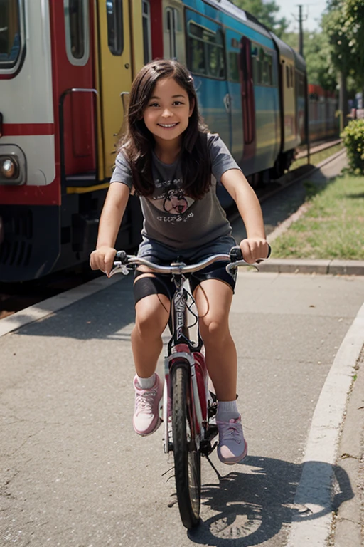 photography, eight-year-old girl learning to ride a bicycle, running, joyfully, laughing, escaping from her mother. The perspective is from the mother's viewpoint.