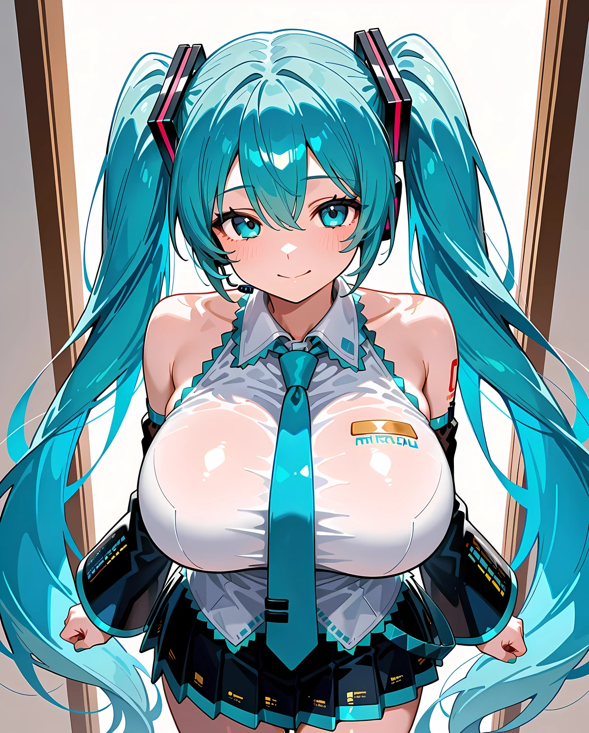 hatsune_miku, 1girl, solo, long hair, looking at viewer, smile,gigantic huge breasts, open mouth, bangs, blue eyes,house background, darkened room,thigh highs, gloves, dress, bow, ribbon,twintails, very long hair, blue hair, hair bow, belt, tie,pulls her chest in with her arms,very near,lascivious,Females in heat,lecherous look,SFW,Blowjob Gestures