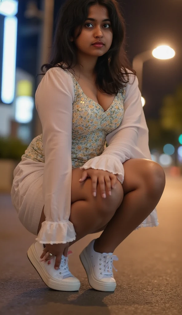 RAW photo, bokeh, (Lifelike face), smiled slightly, Top image quality, High resolution, best quality, 8k, HDR, (photorealistic:1.5), (1girl:1.4), S-shaped body, slim body, slim face, brown and curly and messy hair, very detailed face, beautiful eyes, [chubby], adorable, full body portrait, Close-up, sharp outline, romantic, fashion, uniform, culotte, spread your legs, sit on a squat, (spread legs:1.3), can see underwear, delicate face, short brown hair fluttering in the wind, 22-year-old girl, slim figure, medium chest, sexy, plump breasts, open chest, charisma, glamorous, standing tall.
