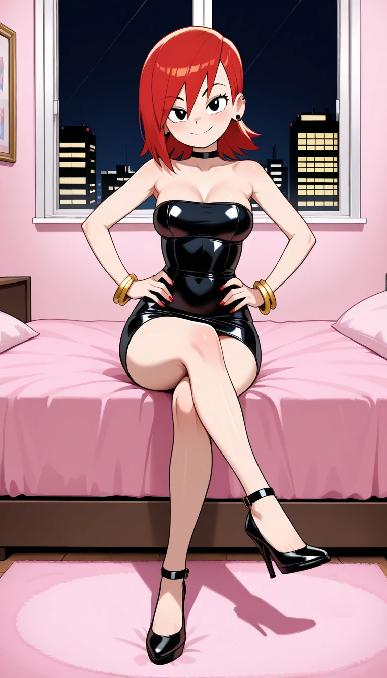 （（super high quality,））（（Ultra-high resolution,））（16K,）（super masterpiece,）（（Ultra HD ,））（Detailed shading,）Full body photo,One sexy mature woman,（（Red collared shirt,popped Tight collar,））Folded sleeves,Black long gloves,（Glossy black pants, Black long boots,）Black hair straight short,Sharp Eyes,blush,Sexy smile,Cleavage,Cross Necklace,（（Lying in bed,））Put your hands on your head,Turn your hips to the side,