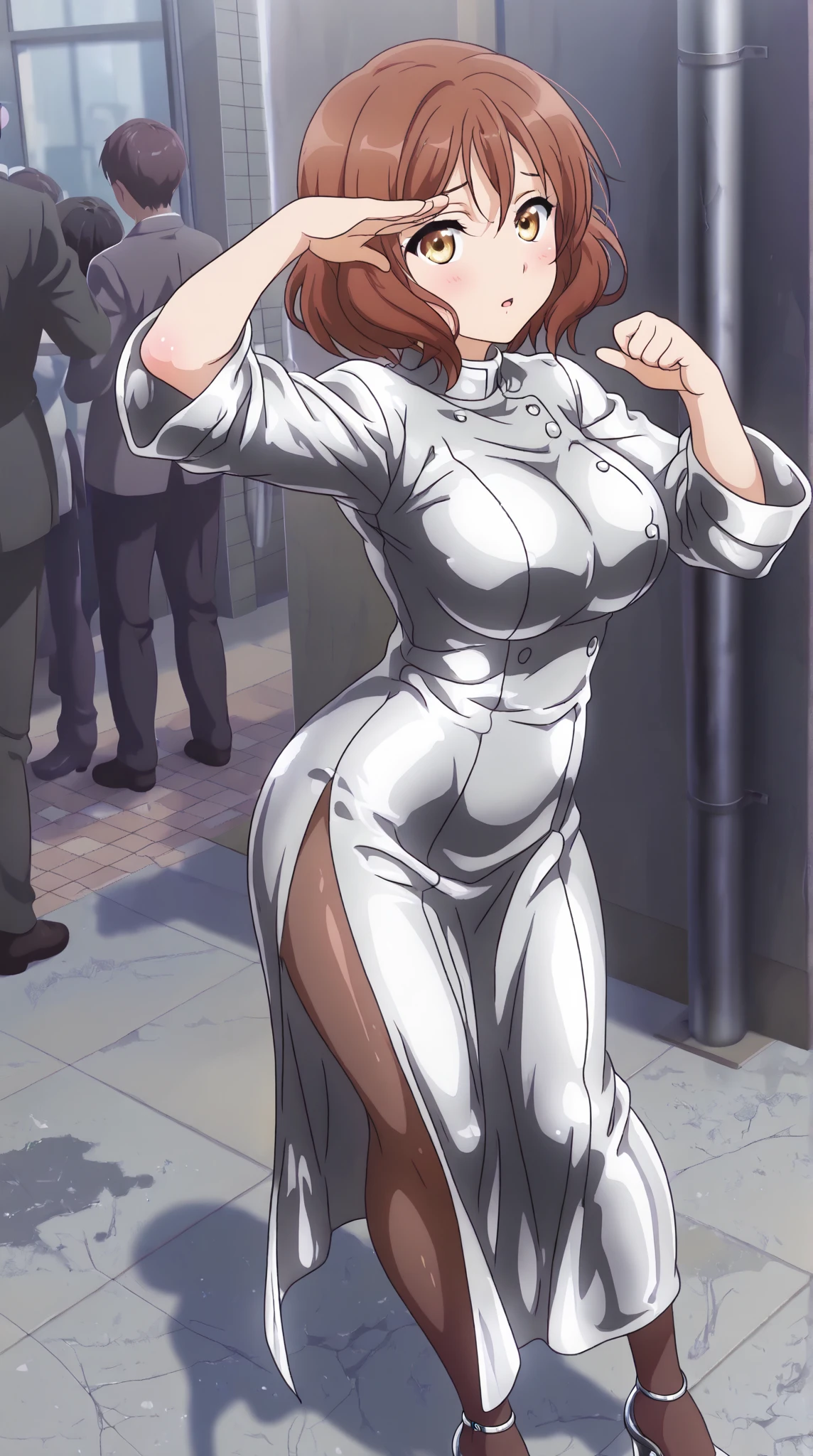 Turn your face and look straight ahead, Beautiful busty woman standing facing the front, (standing proud:1.4), (cowboy shot:1.2), (High Resolution), (Very Detailed), (Best Photo), (Best Quality), (Ultra Detailed), (​masterpiece:1.5), very precise details,(Ultra High Resolution:1.4), the Extremely Detailed CG Unity 8K Wallpapers, highest quality, hight resolution, (Realistic, Photorealsitic, hyper realisitic:1.5), (Curve, Model, Farbe care:1.5), Farbe_aberration, the light shines on your face,  profetional lighting, anime styled,(Detailed Face), (Beautiful Detailed Eyes), Beautiful breasts, beautiful detailed shadow,  Beautiful body, Beautiful skin, beautifull hands, Details of the face and clothes,(Ultra-detailed face, Detailed eyes:1.4), (Aesthetic Anime Eyes:1.4), (Light from the front :1.4), (shiny oiled skin: 1.4), (1girl in:1.4),(Solo:1.4), (Mature face and body),  (city center:1.3), (tokyo:1.2), highrise buildings, daylight, on the street, cars, (Beautiful cute face), (beautiful female lips), Charming, ((aroused expression)), looks at the camera with a gentle smile, earrings glossy lips, (juicy female lips), perfect female body, Beautiful waist, beautiful long eyelashes , put hands on the hip, 30year old, mature female, Kurapika, 1girl, ((scarlet eyes)), blonde hair, ((bob hair)), flowing hair, fluttering hair,  long legs, huge breasts, long breasts, saggy breasts, hips wider than shoulders, wide hips, pelvic curtain, beautiful thighs, thick thighs, ((chains from hands)), ((blue tabard)), ((gold trim)),((yellow waistband)), ((yellow waist belt)), white shirt, long sleeves, puffy sleeves, white pants, (blue very long skirt), blue clothes, (pantyhose:1.3), brown pantyhose, black high heels, pumps, hide breasts, full body,
Stinking eyes