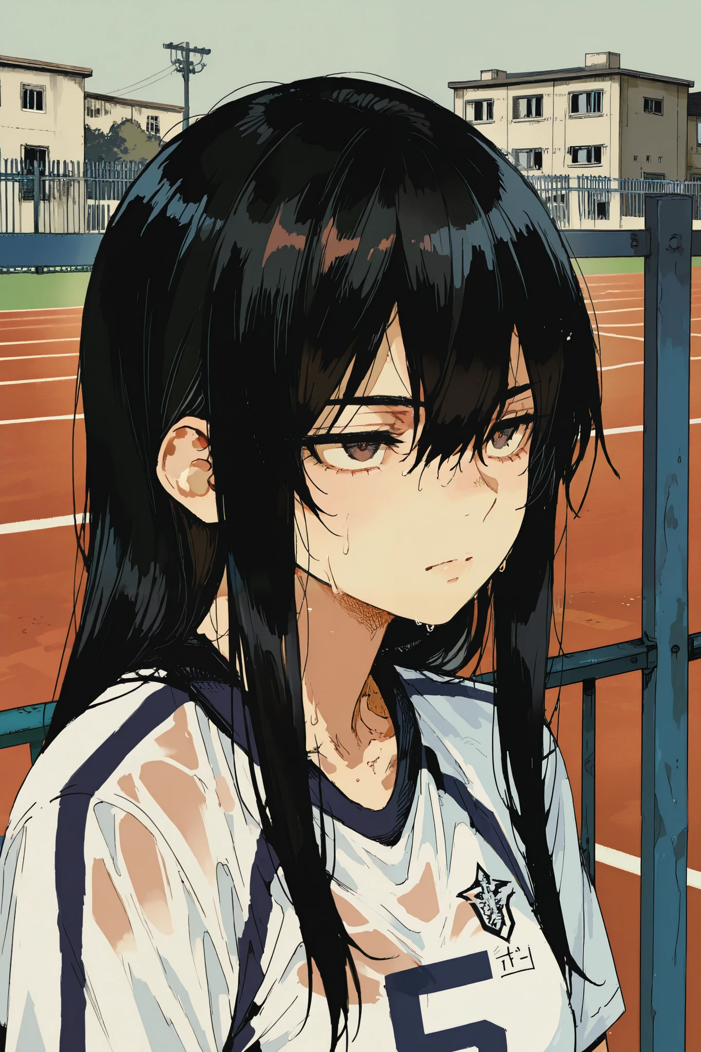 Girl with a serious melancholic anime expression, long black hair, Anime style, sports uniform, portrait in the foreground, half body, front view looking ahead looking into the distance, Serious melancholic look cuero suave, Minimum fund, inner environment, faint environment , sharp focus on the face, digital illustration, Age girl , Serious melancholic look, Detailed, without deformations, wallpaper, rostro Detailed, sports uniform Detailed, sports uniform without deformations, cuerpo without deformations, cuerpo Detailed, serious melancholic eyes, without deformations Detaileds, modern buildings background, modern gym backgrounds, modern buildings detailed, gimnasios escolares modernos without deformations, gimnasios escolares modernos Detaileds, gimnasios escolares modernos without deformations, Semi-sweaty girl, ojos without deformations, ojos Detaileds, supported by a gym fence, detailed fence, cerca without deformations, Modern school gymnasiums background, without deformations, 