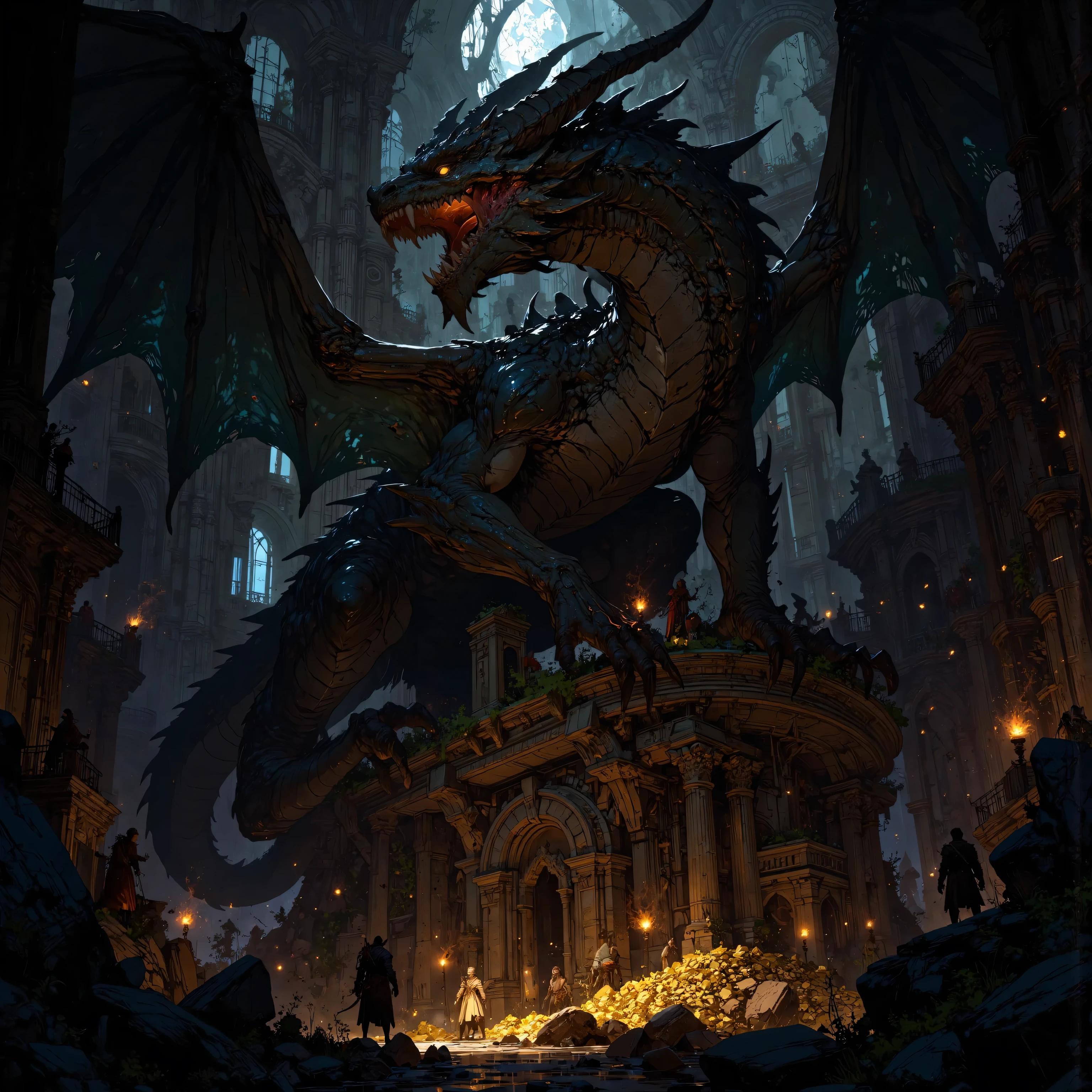 Anime style, full body, a massive black dragon on top of his piles of gold underground of a cave, some pilars, only torch lights, soft lights, dark place, dark fantasy inspired, (ultra-detailed:1.6), masterpiece, (((no background:1.7))), best resolution, ultra resolution, 128k, perfectly designed, extremely detailed, Extremely designed, hyper detailed, Definition Hyper , high quality, hyper resolution.
