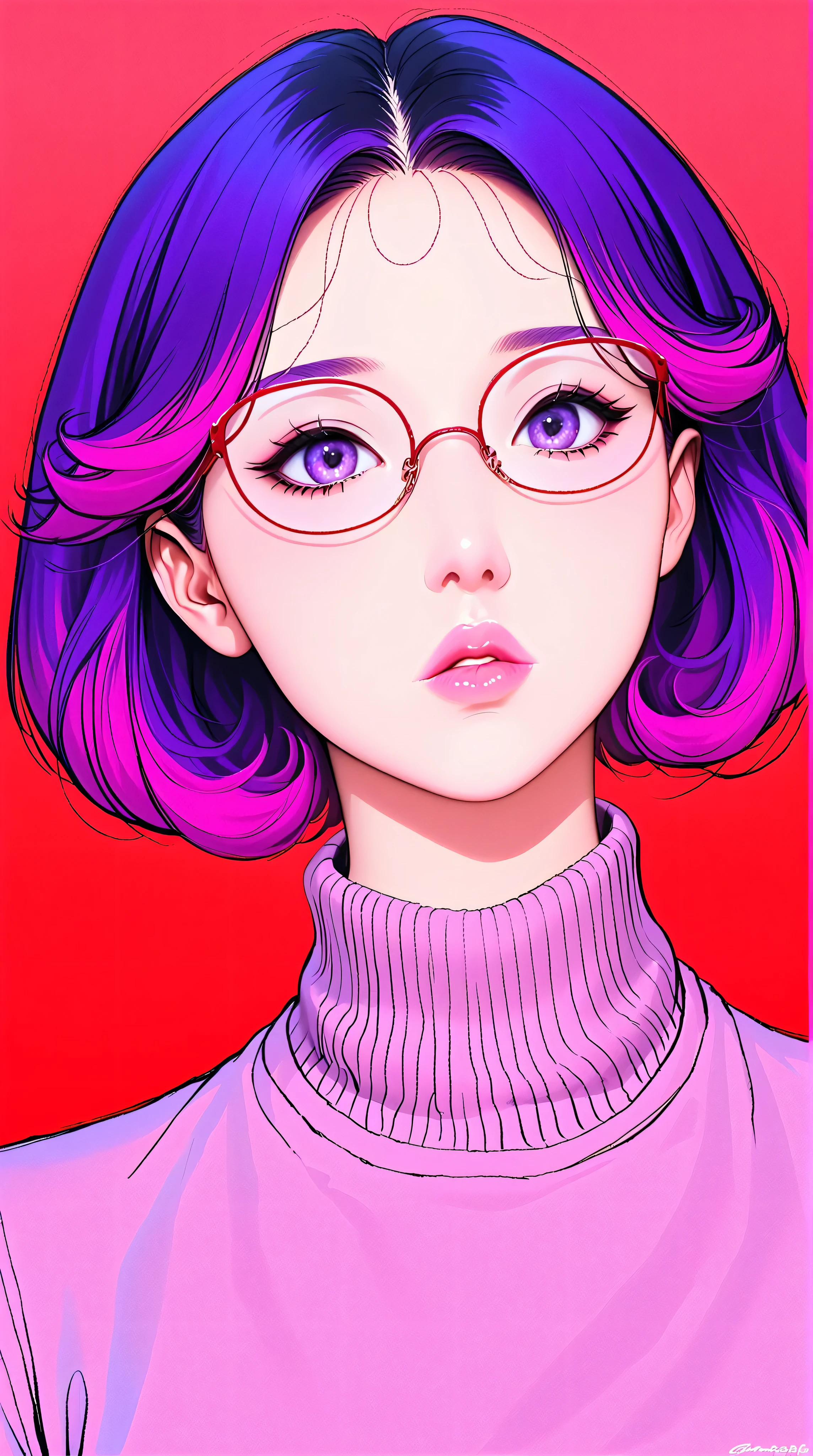 (best quality, sketch:1.2),realistic,illustrator,anime,1 girl, detailed lips, sweater, custom, red gradient background, neon hair, reddish purple hair, cut bangs, Forehead showing, wearing glasses, dour, expressionless, critical, mysterious, cool vibes, textured cropping, masterpiece, style retro classic, noir dark