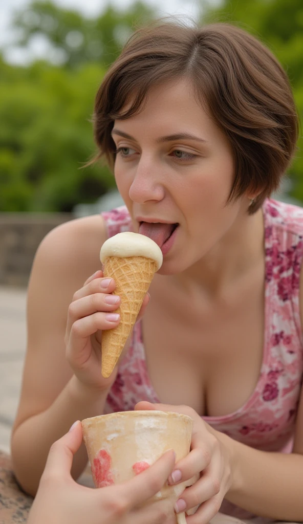 <lora:Isabella:.7>, blue eyes, red hair, white sweater, jeans, eating ice cream cone, licking, blush, suggestive fluids, saliva, sitting, on bench, outside, park, trees, sunny, high quality, masterpiece <lora:ice_cream:.8>