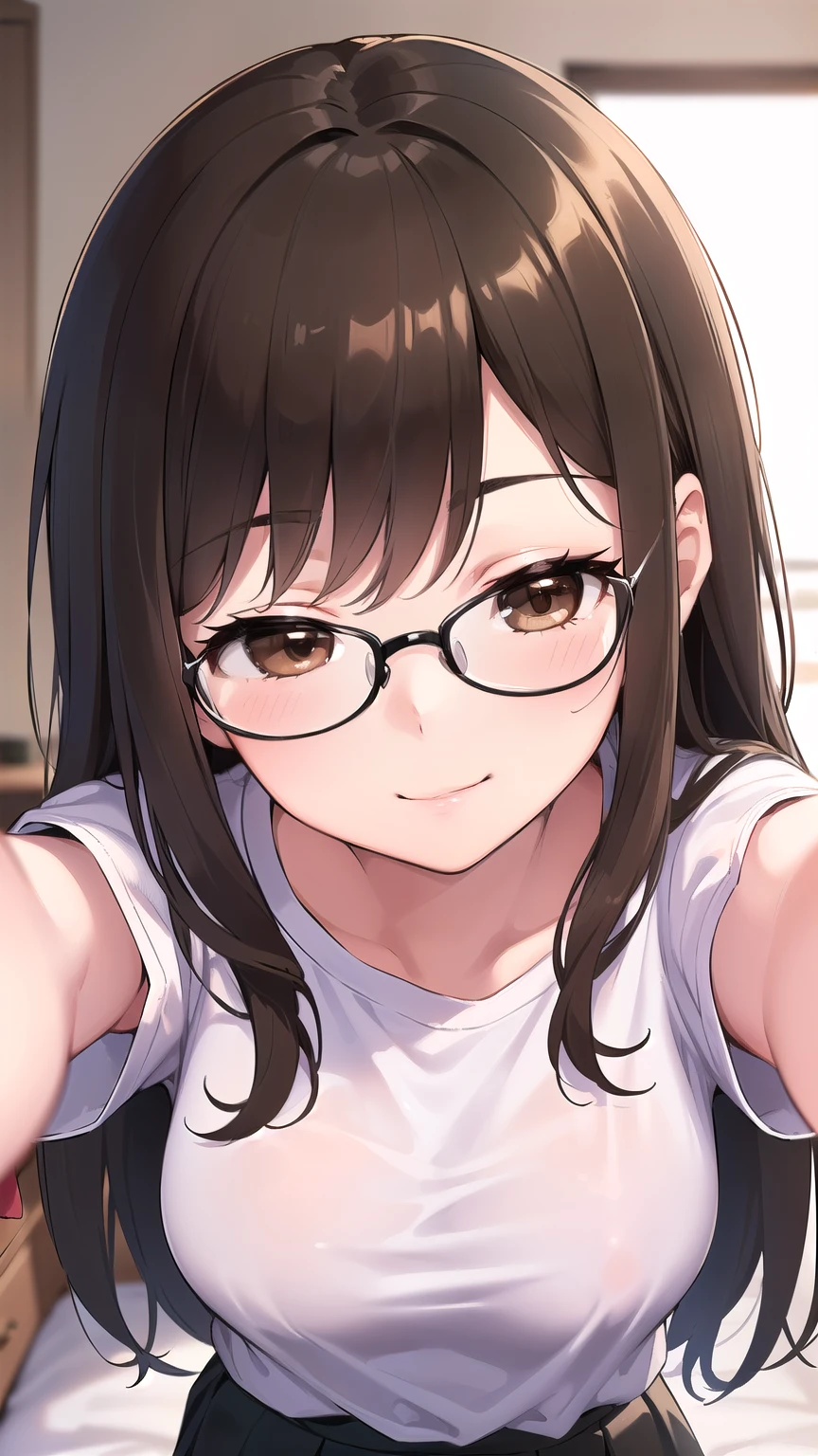 1girl, Solo, HD, Accurate, Breasts, Closed Eyes, Smile Softly, Soft Lighting, Blurred Background, (Close-up Potrait Shot: 1.5), (Background Is In The Bedroom: 1.3) Looking at viewers, (good hands: 1.3).
-
(female: brown eyes, glasses, long hair, brown hair, messy hair, white t-shirt, black mini skirt: 1.3)(pose: incoming hug: 1.3)
