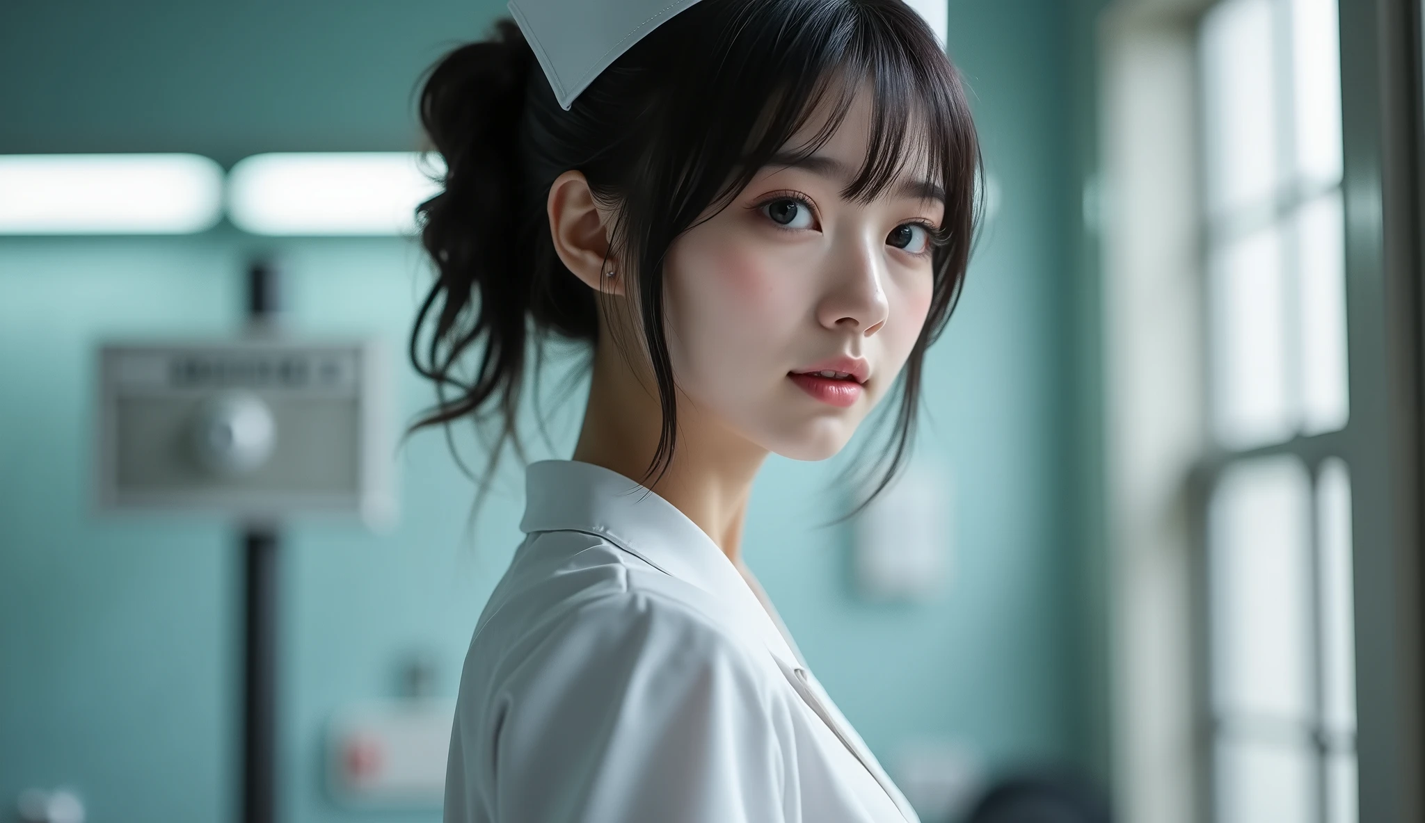 8k,super high resolution ,  best quality, masterpiece,rule of thirds,golden ratio,surreal,pictures, one woman,( girl:1.3),cute,cute顔, Beautiful Eyes in Every Detail , 細かくdetails,mature woman,princess,upper body, black hair,twintails,ID photo, luxurious and beautiful ,(A  Famous Japanese Idol Girl),(((smile))),((White coat:1.3)),((nurse)),Low position,low angle to the crotch,Examination room,Nurse cap,( She's Standing in Front of Me), very delicate expression ,  delicate eye description,, healthy body, ((1 female)), Height: 160cm ,( thin waist:1.4)、( Beautiful :1.4), pink lips,Profile ,((( ideal figure))),Small bust, A cup :2, portraits:2、 perfect anatomy 、鮮明な details、 details,thin lips,Perfect and beautiful face  ,完璧でcute顔,   meticulous skin  , perfect limb,thin waist, surreal,Light and Dark, Fashion Magazine Cover ,stage lights