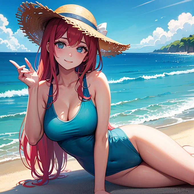 1girl, Anime girl with long hair, anime moe art style, Anime visuals of cute girls, Anime Best Girl, itsuki nakano fanart, pretty anime girl, Smooth Anime CG Art, Seductive Anime Girl, charming anime girls, Cute anime girl, Shining eyes, big boobs, ((looking at viewer)), (((((happy))))), close up, red hair, blue eyes, (((red bikini))), beach, ahago, ((straw hat)), ((sitting)), sun, sunlight, beach, seaside, beach chair