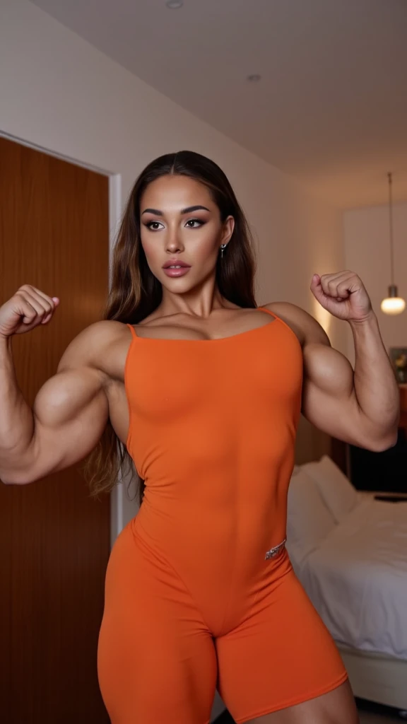 (Muscular:2.5), (thick thighs:2.5),
(latina female:1.5), (pale skin:1.4), (black hair:1.6), (big smile:1.7), long hair, (blue eyes),
(stud earrings, lipstick, eyeshadow:1.2),
(flat chest:1.5), (hard nipples:1.2),
choker, (blue sundress:2),
looking at viewer, (three quarter view:1.3), (upper body view:1.2), (standing up:1.2),
highrise living room, (nighttime:1.3), rim lighting, two tone lighting, dim lighting, soft lighting, bokeh, detailed skin, detailed eyes