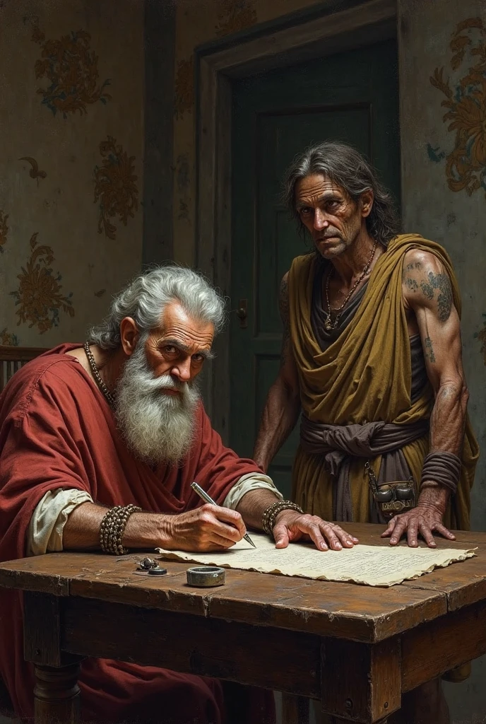 high details, (masterpiece, ultra-high resolution:1.4), Odysseus and Telemachus embrance and weep in the hut