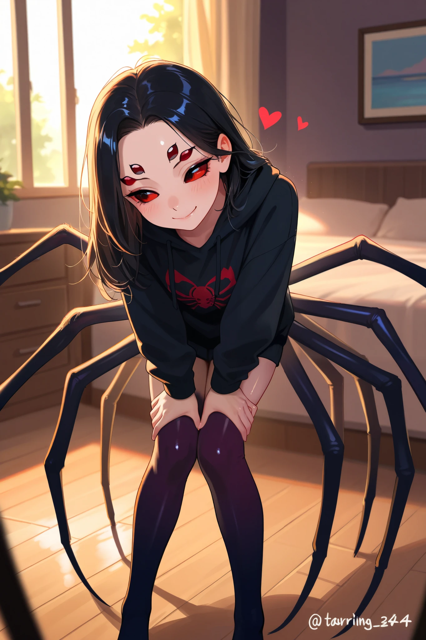 spider girl, Darling, small brace, beautiful, loving, shiny dark turquoise colors 4 spider legs made of the head, terrain, black clothes, full height, room, morning