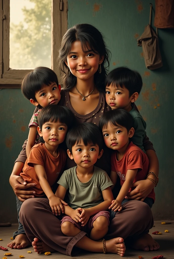 A 40 years old cute worrier girl saved three boys child's by shield and sitting behind the girl