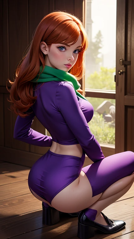ultra realistic,32k,RAW photo:1.1),(high detailed skin:1.1), 8k uhd, dslr, high quality, film grain, (makeup, mascara:1.1), lips,(thick\lips\),
(shiny glossy translucent clothing:1.1), 1girl, solo, redhead, (purple eyes:0.8), purple headband, purple dress,long sleeves, green scarf, light purple pantyhose,, huge breast, (upper body:1.1),
(looking at viewer, sitting from below:1.1),,
(busty:1.1) , (chubby:0.1),(refraction:1.1),dark theme, beautiful nature and lake background