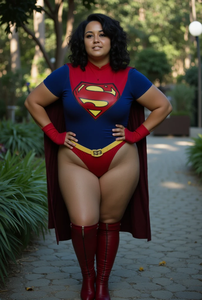 superheroine bbw spandex, mature, full body, con sus piernas abiertas y brazos rendidos
