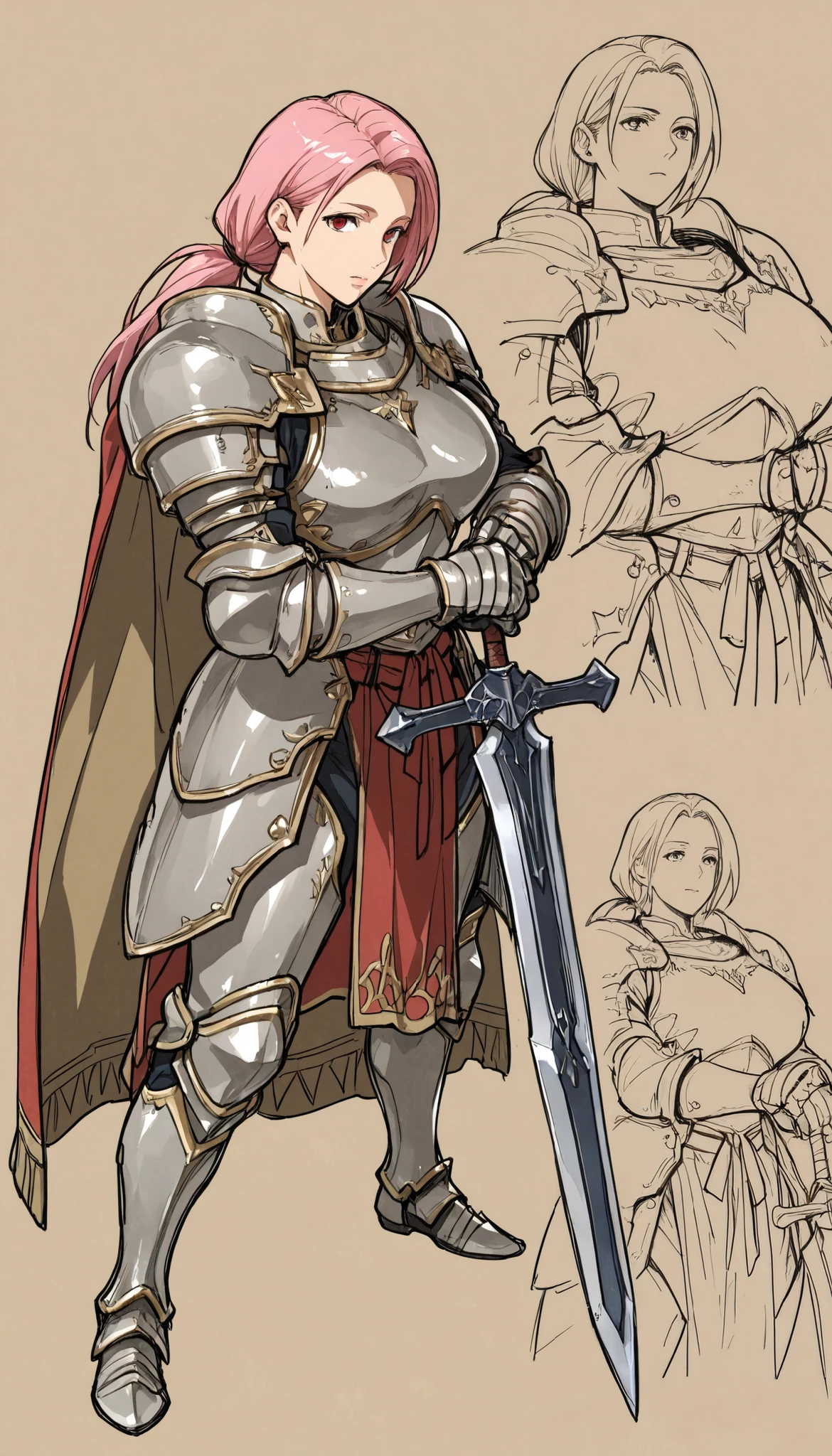 32 yo, (Sugar mature mommy), (anime girl with pink hair), loose low ponytail, red eyes, gauntlets, armored dress, breastplate, hipguards, holding heavily decorated broadsword, crotch guard, armored heeled-greaves, asymetric knights cape, anime moe artstyle, well-toned waifu, thick arms, 1arm fixing hair behind ear, (arched back), exude queenly erotic regality, (mature woman with lean perfection abdomen:1.5), sweet sweet mommy's nurturing expression, lips parting moaning a little, confident, (humongous largest natural breasts), Curvy body, BREAK, action battle stance, broadsword wielding elusive stance, dynamic, simple background, full body face close-up shot, eyes on viewer enticingly, dynamic cowboy shot, (sketch doodle style), doodles if her as homemaker in many outfits, character sheet, (Smooth shading), subtle highlights, warm & soft pallette, polished painterly look, moe anime-style final fantasy brave exvius wars of the vision digital artstyle, dynamic side view full body shot, dynamic angle views, 128K UHDR Best Quallity, original character,