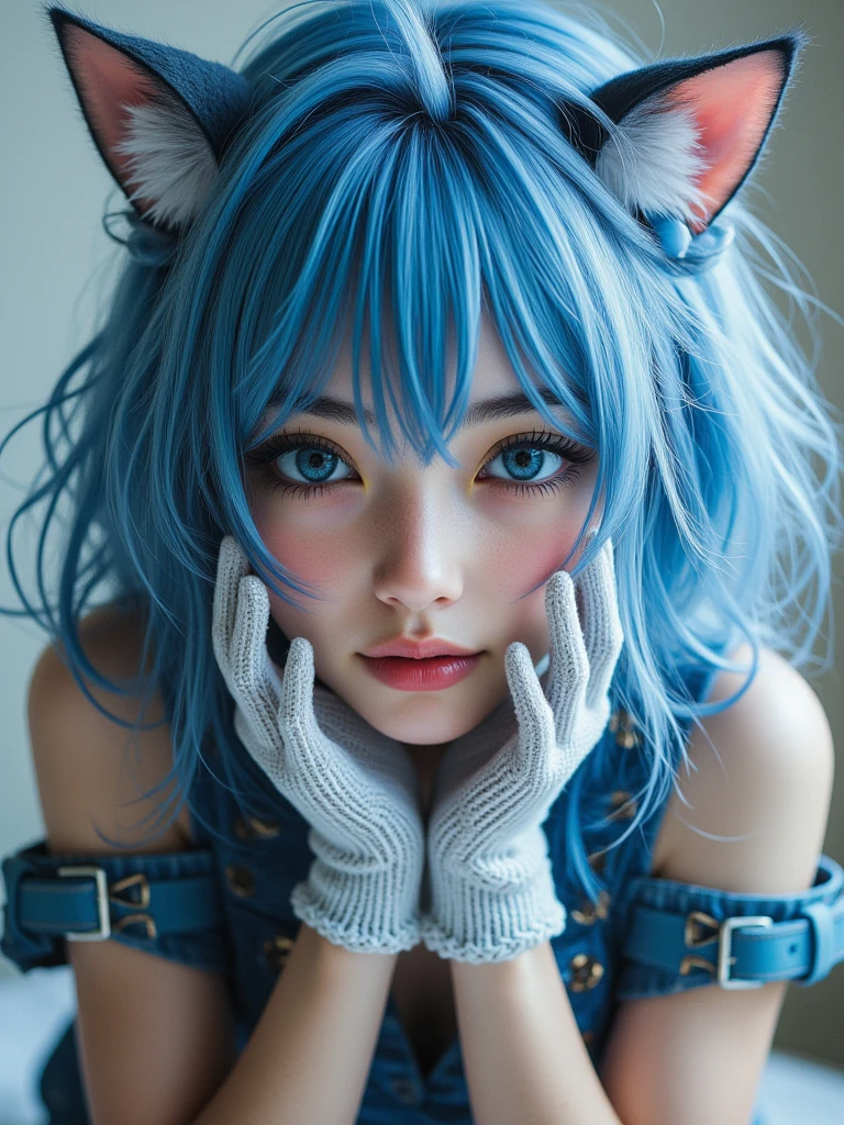 Masterpiece, best quality, ai-generated, cat girl
, Blue hair,cowboy shot,
