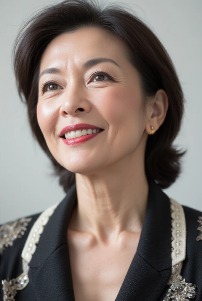 (masterpiece:1.4),(65-year-old woman:1.5),(facial wrinkles 1.2),gentle smile, (up hair : 1.1), (wearing black mourning dress), Motherhood Mature Woman