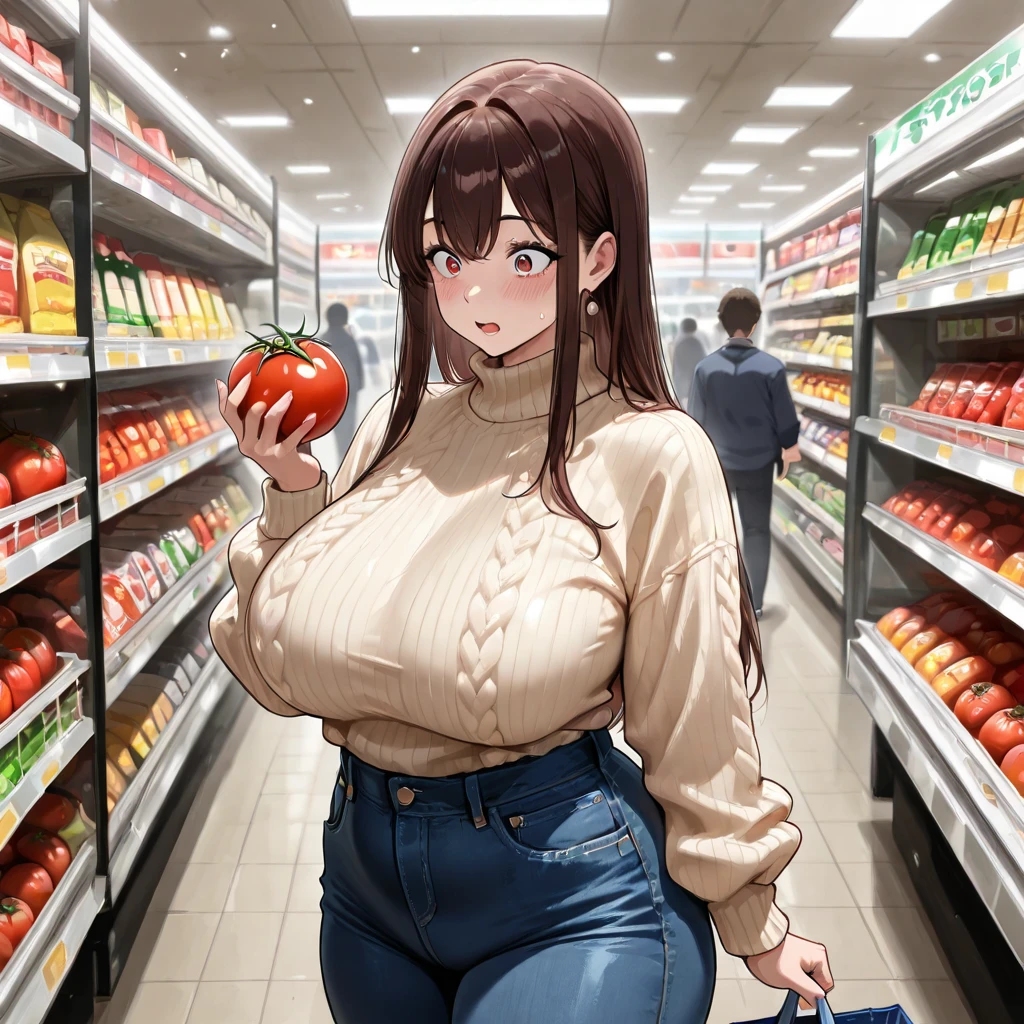 slightly chubby, Married woman atmosphere, looking away, naked, strapless see-through white mini tank top, open neckline, giant areolas, sagging breasts apart, bottomless, bare legs, showing pussy, shopping at outside market