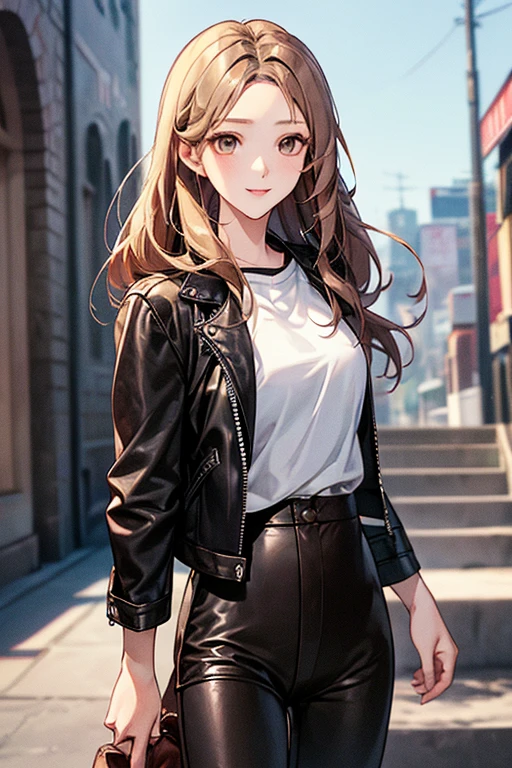 Long brown haired girl with grey eyes wears black tube top with long sleeves gloves and dark red checkered skirt.