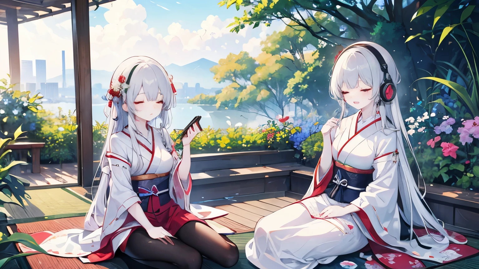 Beautiful japanese girls, with silver long hair, sit in the japanese background backyard, hearing music with headphone, with eyes closed, View from the above