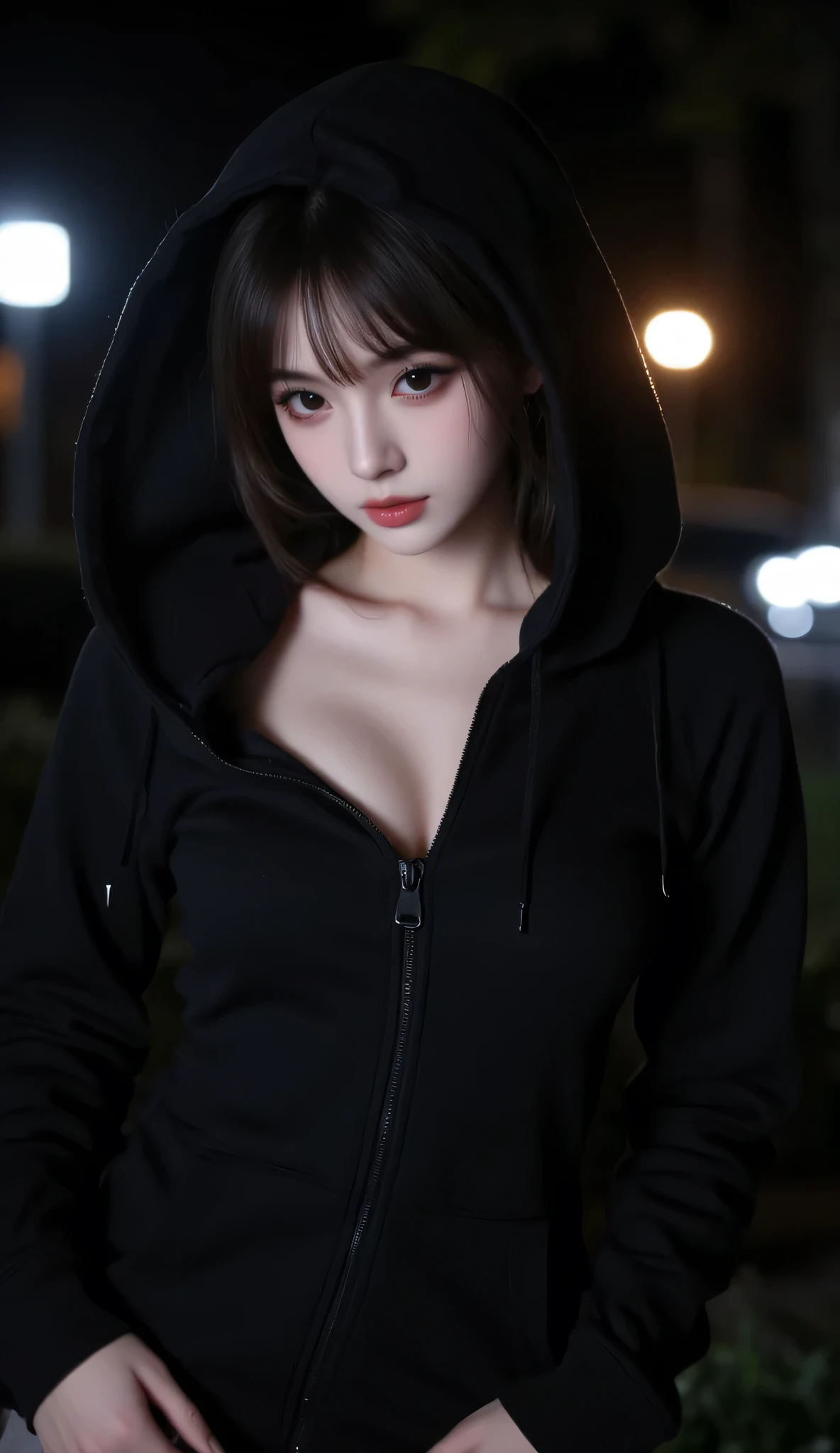 Huge cleavage girl in black hoodie covering head at night posing cool