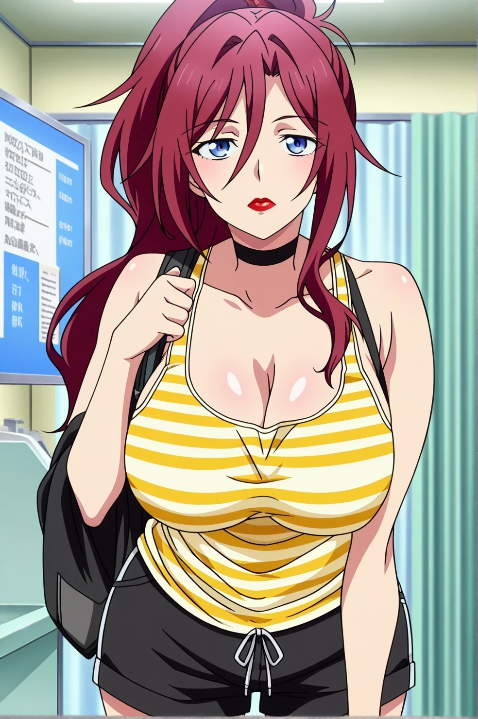 Inoue Orihime,Big breast,lariat necklace,Long pink nail,Hoopa bracelet,Earpiercing,Bleach Anime artstyle,Half eyes open,Stylish Wavy hair,Spouty mouth,Thick lips,Curvy figure,Big wavy hair,Enchanced breast,tight thights,gaze on viewer,ear visible,bouncy breast,unnatural big breast,crossing arm,short sidehair,Short bang hair,heart shaped Earrings,Light blush,Swaying hips,Enormous Big breast,H cup,Top knot Wavy ponytail,gaudy outfit with Scoop Cleavage,Chocker,Walking in street,Purse,Gyaru accesories