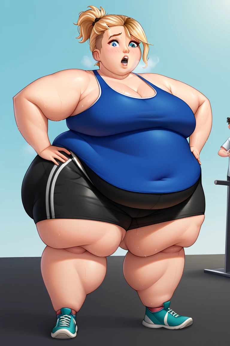 Anime Women, Lady、Forehead、Black Hair、Braid、Glasses、Hanging eyes、Brown eyes、Are fat、Chubby、Voluptuous、obesity、Double chin、Cheek、Fat-covered neck、Big Breasts、Saggy breasts、Thick upper arms、thick fingers、Fat Belly、Sagging belly、Thick legs、Fat all over the body、tall、Denim jumpsuit、sneakers、Sweat、Embarrassed、Exercising