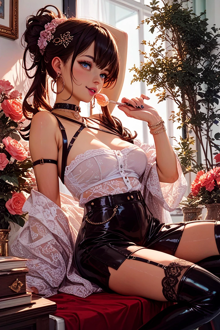 ((highest quality)),(ultra high resolution),(Super detailed),(detailed description),((best CG)),(best work of art),super precision art,great drawing art,(Works with precise details:1.5), (1 woman:1.6),(beautiful and well-shaped face:1.5),(緻密で詳細に描写されたレース付きSee-throughドレス:1.8),See-through:1.4,Luxury jewelry with intricate details:1.5,Waist Accessories:1.5,Look at me and smile:1.5, Antique furniture:1.6