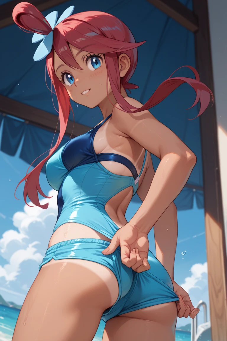 Ruby kurosawa, aqua eyes, medium hair, red hair, two side up, twintails, wear bikini from behind showing her butt