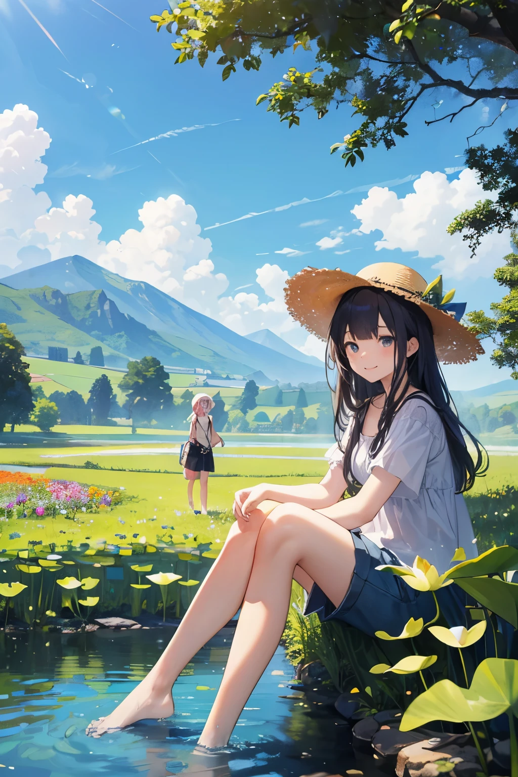 (( Masterpiece 、 top quality、 official art))、Detailed Anime、Unity 8 k wallpaper、(( 3 girls、3 girls in summer clothes 、 detailed face 、smile))、Have fun with everyone , They all wore straw hats,Wear short sleeves and shorts,Roll up your trouser legs,Sitting by the clear pond and laughing,There are tall lotus leaves in the stream。Surrounded by lush greenery and a vast expanse of gorgeous flowers;They contrast beautifully with the blue sky and the hills in the distance.,It forms a peaceful and beautiful picture;In the foreground is a field of colorful flowers。