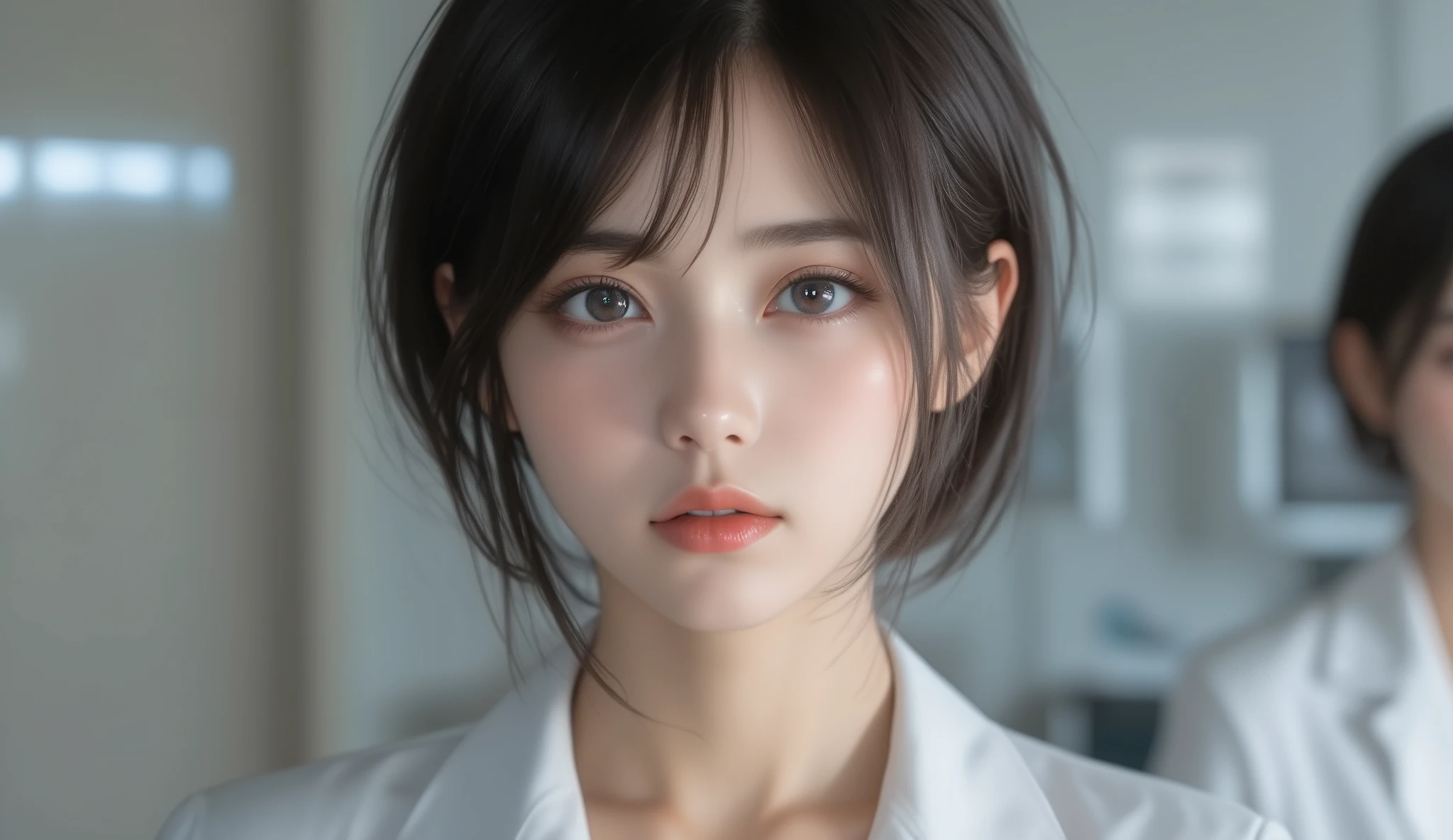 8k,super high resolution , best quality, masterpiece,rule of thirds,golden ratio,surreal,pictures, one woman,( girl:1.3),cute,cute顔, Beautiful Eyes in Every Detail , 細かくdetails,mature woman,princess,upper body, black hair,Unbalanced Bob,ID photo, luxurious and beautiful ,(A Famous Japanese Idol Girl),(((smile))),((White coat:1.3)),((nurse)),Low position,low angle to the crotch,Examination room,Nurse cap,( She's Standing in Front of Me), very delicate expression , delicate eye description,, healthy body, ((1 female)), Height: 160cm ,( thin waist:1.4)、( Beautiful :1.4), pink lips,Profile ,((( ideal figure))),Small bust, A cup :2, portraits:2、 perfect anatomy 、鮮明な details、 details,thin lips,Perfect and beautiful face ,完璧でcute顔, meticulous skin , perfect limb,thin waist, surreal,Light and Dark, Fashion Magazine Cover ,stage lights