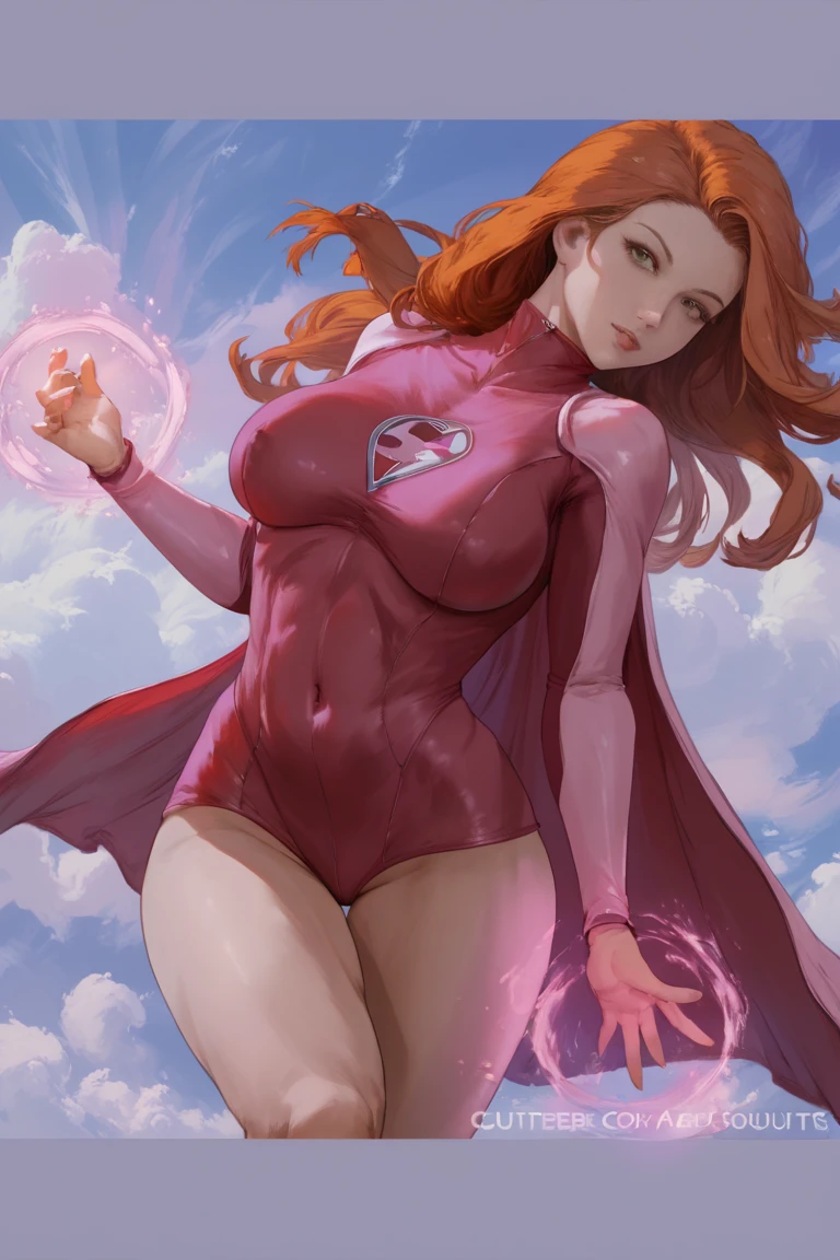 ginger hair, pink superhero costume, flying in the sky, atom eve from invincible, curvy voluptuous woman, big breasts, thick thighs, cutesexyrobutts, high-quality, detailed, photorealistic, 8k, masterpiece, studio lighting, physically-based rendering, vivid colors, hyper-detailed facial features, dramatic lighting, cinematic atmosphere, epic fantasy landscape, glowing energy effects, volumetric clouds, sunbeams, dramatic sky