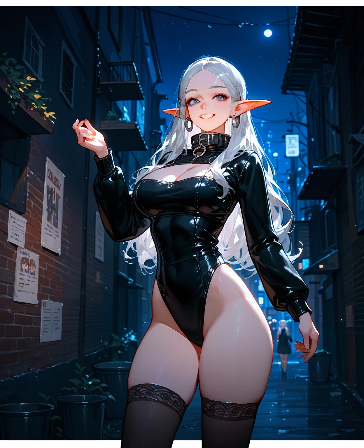 (masterpiece, best quality, ultra-detailed), 1girl, BriarLoL, grey skin, white hair, short hair, (pointy ears, sharp teeth), looking at viewer, walking, smile, in the city, aerial shot, showing ass, bubble ass, sweaty body, sexy, enormous ass, random characters passing by