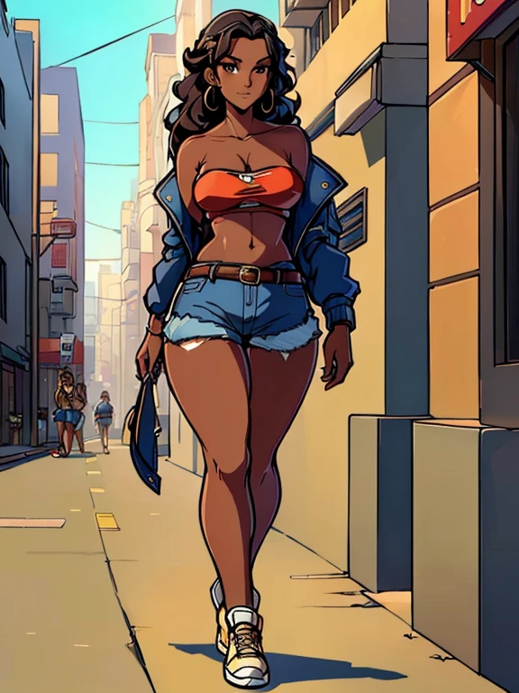 on the city street, in front, girl with her back turned, very sexy, Colombian, black skin, long hair, wearing a sexy dress, head turned; She looks at us, smiles, lifts her skirt and shows part of her ass,art inspired by Bill Sienkiewicz and Dave McKean