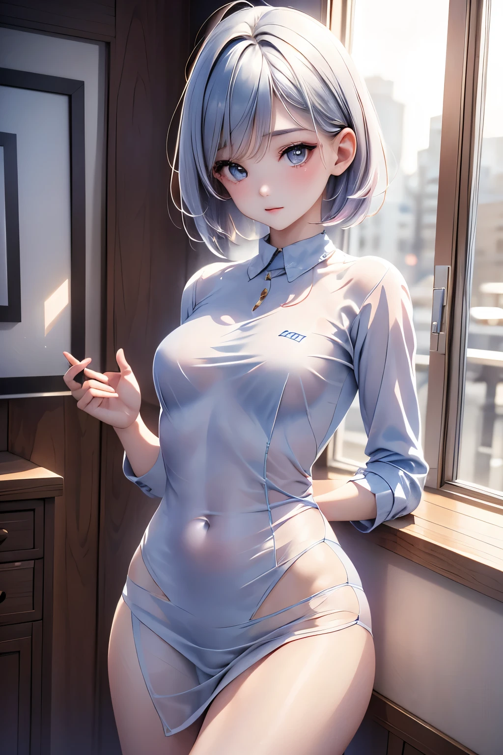 ((masterpiece)), (best quality), (detailed), (1girl), blue hair, blue eyes, updo, white shirt, black dress, looking down on the audience