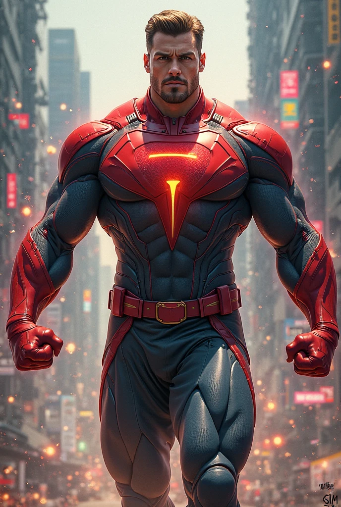 Create a superhero with 2 s on the chest, and with the uniform colors being blue chest,red sleeves and black pants
