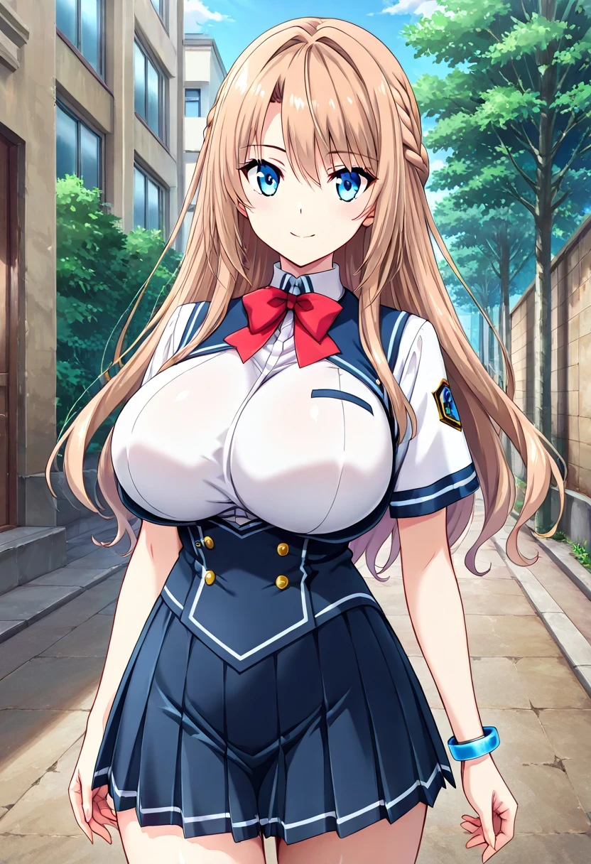 masterpiece, absurd, highly detailed, highres, High Quality, better quality, punctuation_9, punctuation_8_arriba, punctuation_7_arriba, punctuation_6_arriba, anime_ source , source _anime, anime coloring, high resolution, detailed face, better quality, ultra detailed eyes, high resolution portrait, sharp detail, subtle redness, vivid eyes with subtle reflections , masterpiece, source _anime, anime style, cowboy shot, rare sight,
BREAK,
1 girl, Alone , Alone focus, looking at the spectator, long hair, light brown hair ,Corona-like braided hair, blue eyes, breasts, big breasts, pale, thin, sexy, curvilinear, volarribatuous, red bow, school uniform, shirt, bulging sleeves, short sleeves, pleated miniskirt, skirt, white shirt, white sleeves, blue bracelet on the left arm , smile, mouth shut, Soft posture , ,
BREAK,
inner, school, aisle, windows, Day Time , natural light,