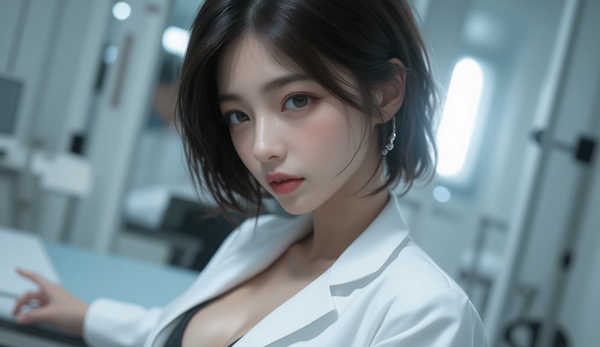 4K,((Highest quality)),((masterpiece)),BREAK,((one girl)),(detailed),((in emergency hospital)), ((One girl)),((perfect anatomy)),((nude)),((13 years old)),((flat chest:1.5)),(slender),(skinny),(bob cut hair),surprised, ((beautiful realistic face)), strong facial expression,(sharp eye:1.2),(scowl:1.1),(embarrassed,blush:1.3),(steam:0.8),(wet:0.8),(sweat:0.8),(trembling:1.3),(parted lips:1.3),(harf open eyes:1.4),(feeling weak:1.5),Beautiful Korean Women, Beautiful young Korean woman, Young and adorable Korean face, Gorgeous Young Korean Woman, Korean Girls, Girl cute beautiful face, Portraits of Korean female idols, Young and pretty Asian face, Cute natural anime face,Asian pretty face,((finely detailed face)),((glistening eyes)),((glistening eyes )),((large eyes)),(( pretty eyes)),(detailed),Perfect Face,((One girl)),((clear eyes)),((show nipples)),((beautiful skin)),don't wear anything ,(show nipples),(upper body),((doctor's white coat)),((Stethoscope around the neck))