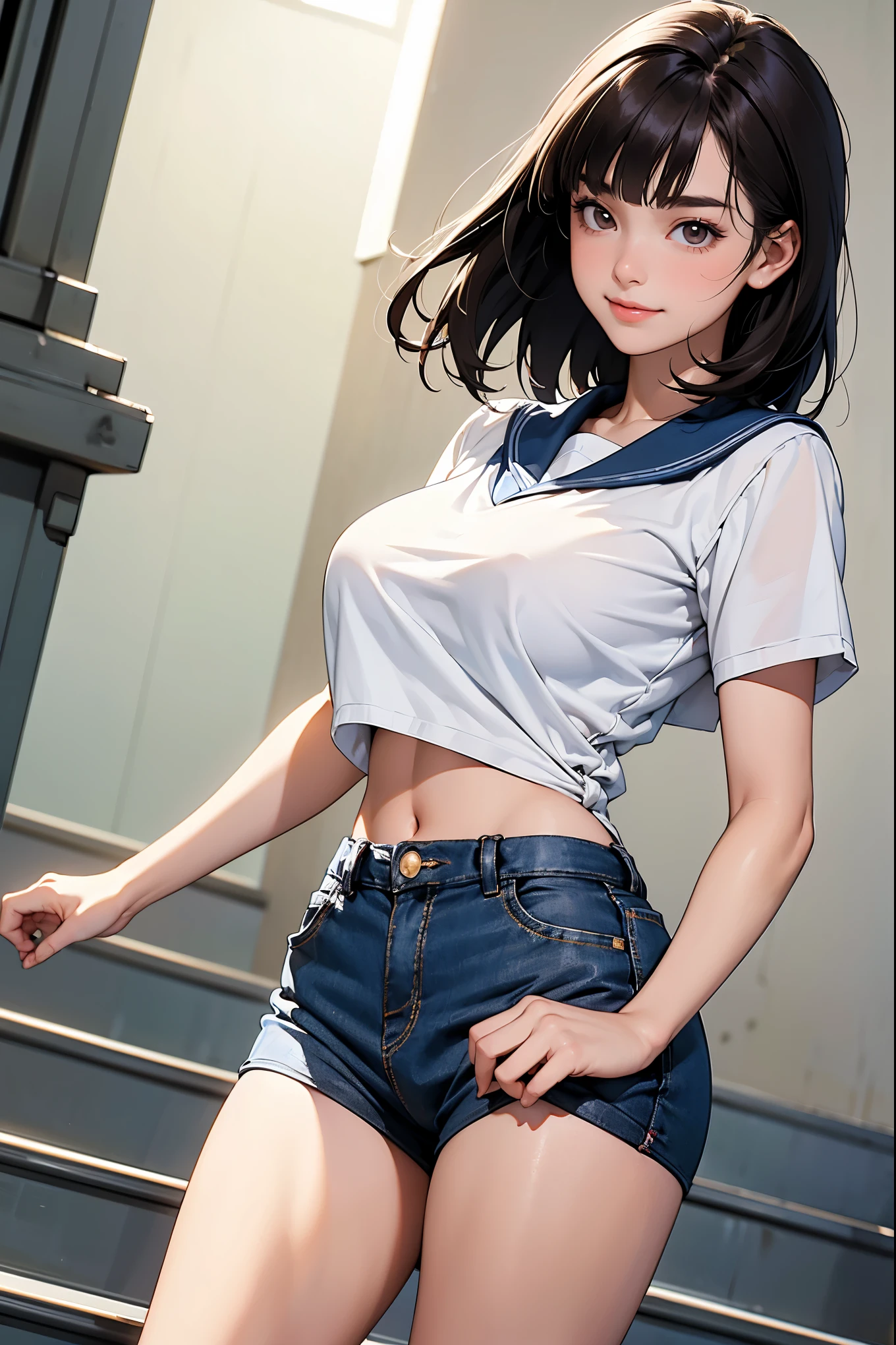 ((Female student coming down stairs )), ((best quality)), clear , Photo style, ((Shorten your head, Long Eyes, Hazel Eyes, round face, Thin eyebrows, huge G-cup breasts , Thin torso , Strong thighs, Big Hips, white skin)), ((dark brown ponytail, blunt bangs)), 18 year old beautiful woman , full body shot on one side, Reduce the volume of your hair, (Front view, low angle to the crotch:1.6), (cowboy shot), image looking up from below, (walking pose), (turn your gaze here), (Short-sleeved summer sailor suit , I'm wearing a dark blue pleated miniskirt), I can see a glimpse of my stomach, (white panties、 Panchira), soft sunshine, has a smiling face, school stairs