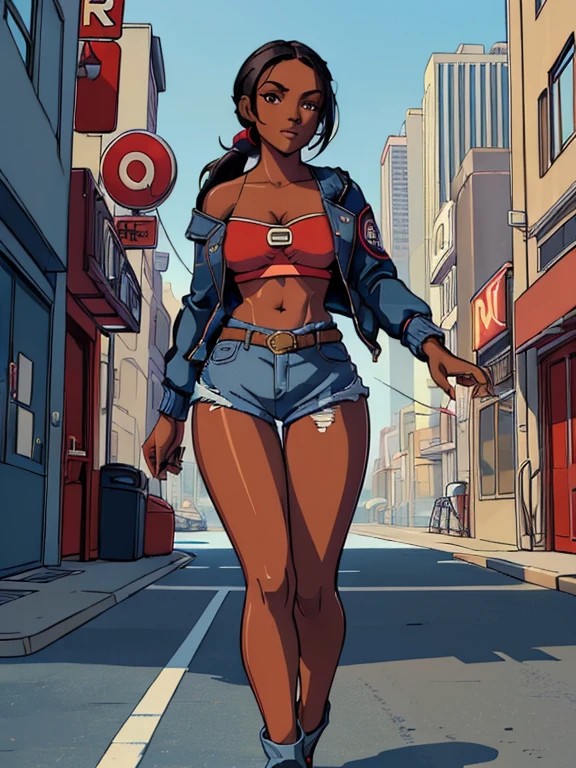 (((Masterpiece, hiquality, absurdress), 1Woman, black hair, curly hair, Afro-curly hair, blue eyes, a perfect face, the perfect body, medium breastes, sports body, short stature, (((very dark skin))), solo, Detailed eyes and face, makeup, ((red-lips:1.3)), earings, ear piercings, black jacket, unbuttoned white shirt, breeches, black boots, Clavicles only, chain necklace, city slum background, by Amano Akira, ((full body:1.5))