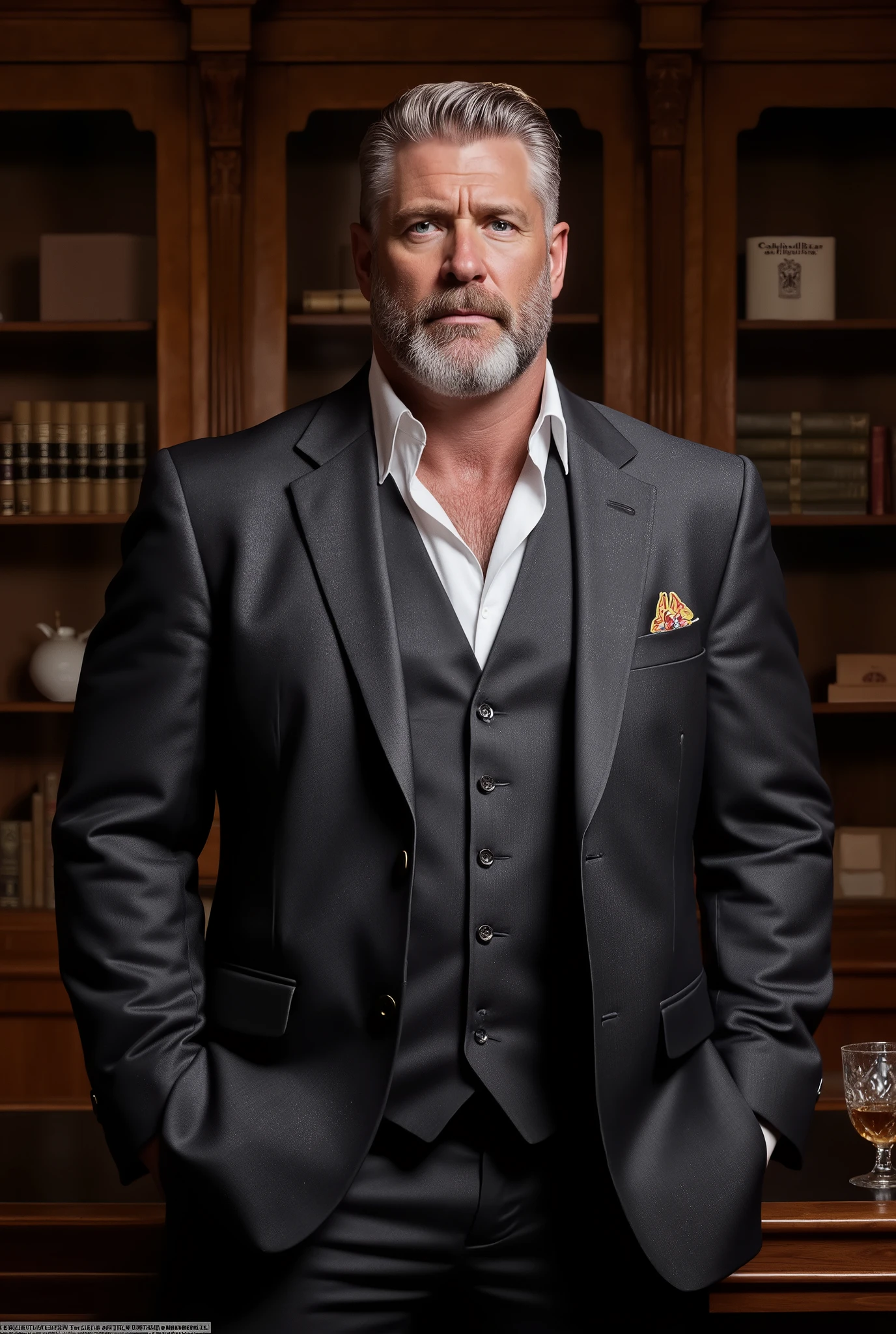 Masterpiece, Accurate, Award Winning, Best Quality, Extremely Detailed, 8K, HD, Super-Resolution, Realistic Textured Hair and Skin. Tall, devastatingly handsome, powerfully built muscle bear daddy, standing with effortless authority in a grand, wood-paneled office. Broad, thickly muscled shoulders, massive chest covered in a well-groomed silver pelt, deep-cut abs barely visible beneath his tailored, charcoal grey three-piece suit. Towering at 6’5”, his physique is imposing yet refined, exuding dominance and prestige. Sharp, chiseled jawline, striking ice-blue eyes radiating quiet control, full salt-and-pepper beard meticulously trimmed. Thick silver hair, slicked back with a slight natural wave, adding to his effortless allure. Wears a crisp, white dress shirt unbuttoned at the collar, revealing a glimpse of his sculpted pecs beneath. Strong, veined forearms visible as he adjusts his gold cufflinks, his thick fingers effortlessly commanding attention. The Caldwell University crest subtly embroidered on his tailored suit jacket, a sign of his absolute authority. Luxurious lighting from a vintage desk lamp casts deep shadows over his carved muscles, emphasizing his raw masculinity and silent dominance. Background: a grand, dimly lit office with mahogany bookshelves, leather-bound volumes, a heavy oak desk, and a single crystal tumbler of top-shelf whiskey resting beside a confidential file marked ‘Red Band Society.