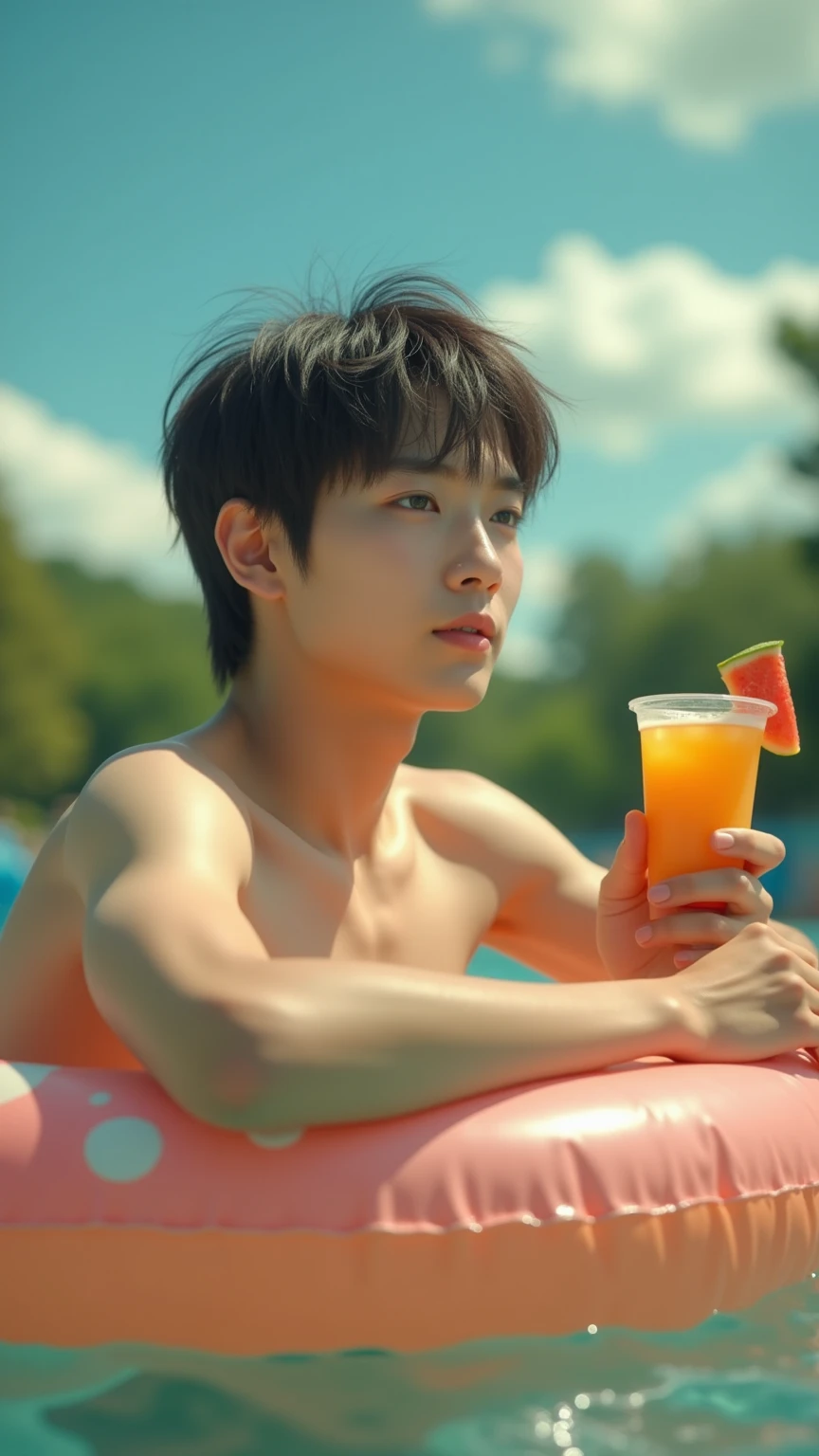 A young man with long red hair and an Asian face. His skin is pale, and his pupils are black. He looks very similar to Taehyung from BTS. He is lying down seductively and alluringly by a river in a forest, shirtless. I want hot and sexy version of this... Nude and +18