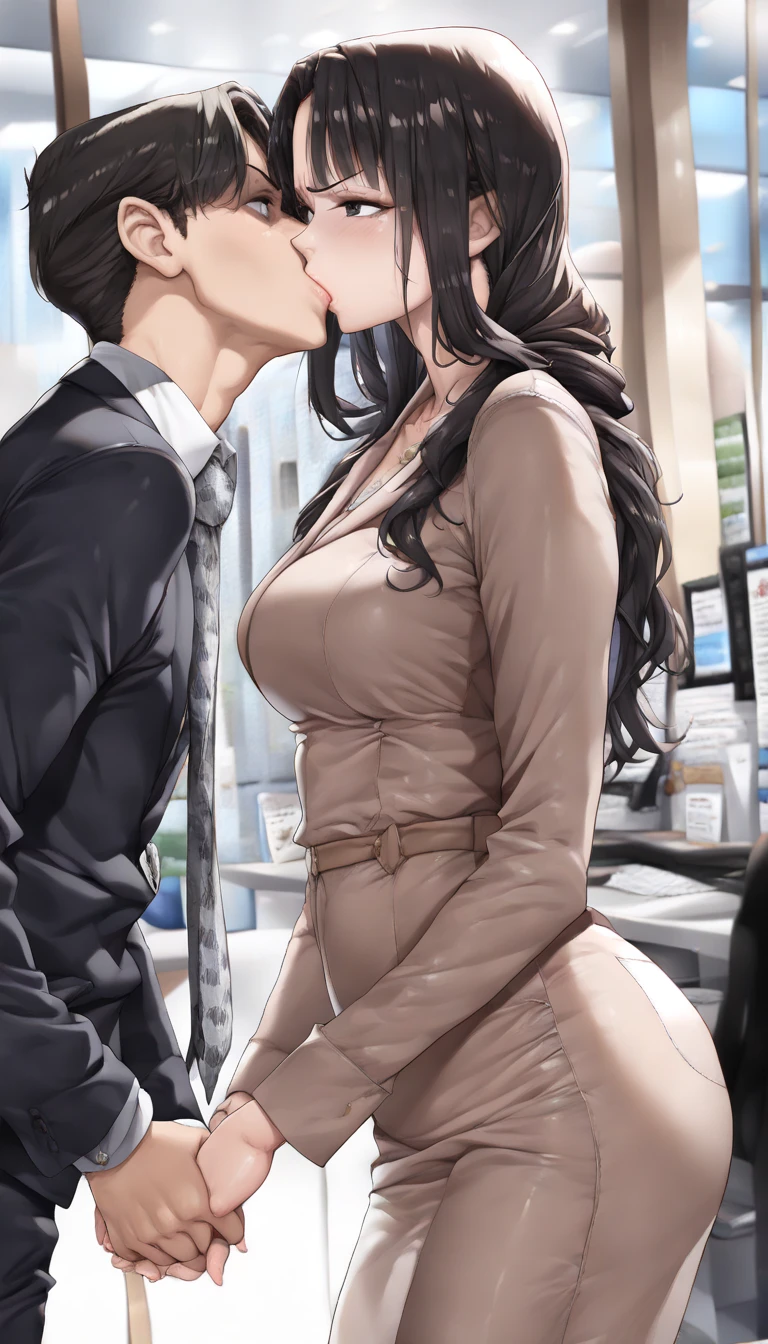 ((high resolution)), ((best quality)), ((masterpiece)), (details),((small middle aged man and intense kiss)),(Man with smiling eyes)((Holding hands)),((holding hands)),one woman, (medium breasts, black hair, dark eyes, ((long hair)) ,(Bangs) ,beautiful face, Beautiful hand skin , Long Lashes, Thick eyelashes), sexy, mature woman, mature women, sensual woman , Long Sleeve, business suits, office lady, office,indoor,day,More people々々,tie, (Glaring at the man), dazzling, ((disgust)), vibrant, very beautiful, high contrast showing the entire body, semi-realistic, latest