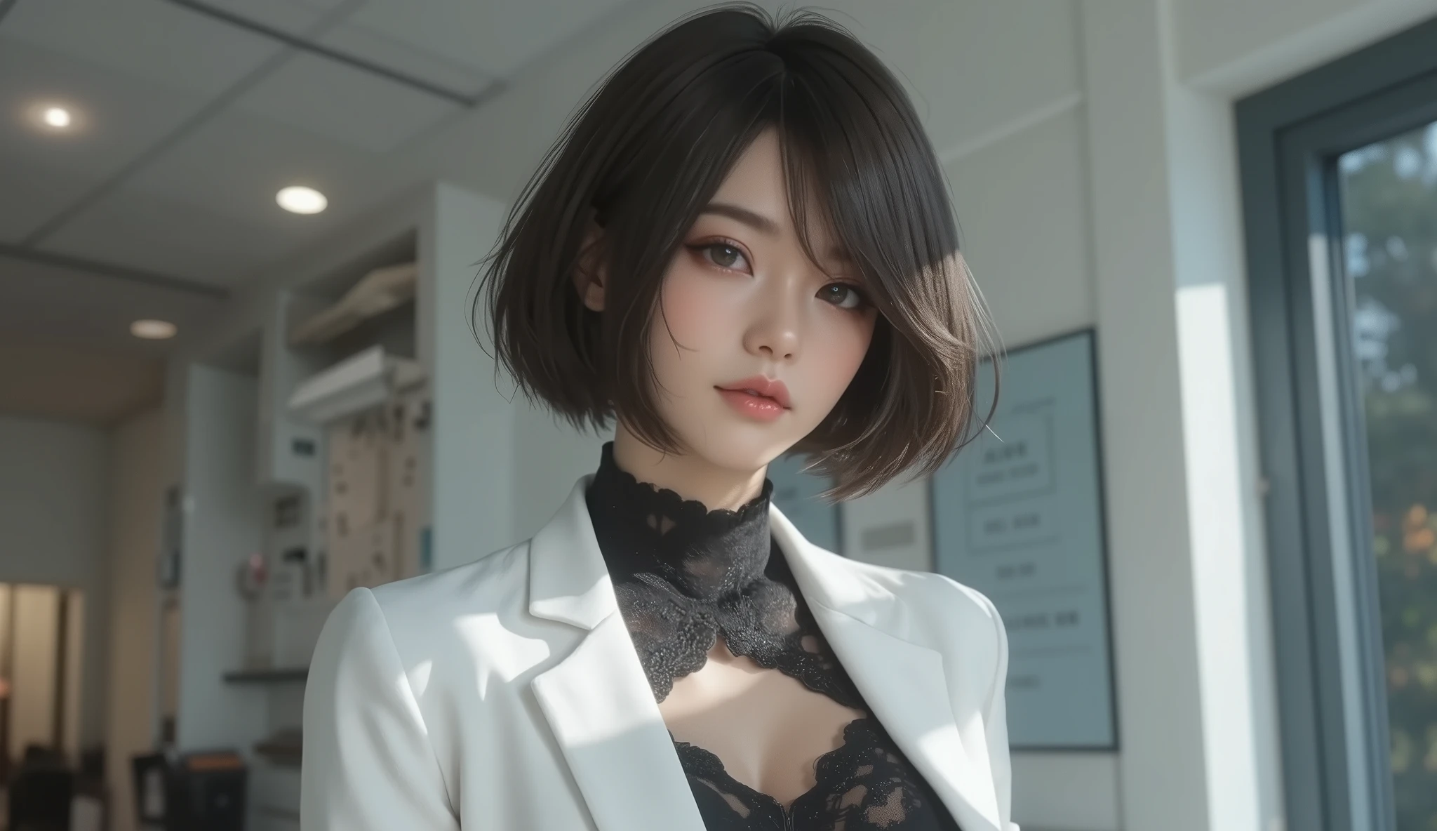 8k,super high resolution , best quality, masterpiece,rule of thirds,golden ratio,surreal,pictures, one woman,( girl:1.3),cute,cute顔, Beautiful Eyes in Every Detail , 細かくdetails,mature woman,princess,upper body, black hair,Unbalanced Bob,ID photo, luxurious and beautiful ,(A Famous Japanese Idol Girl),(((smile))),((White coat:1.3)),((nurse)),Low position,low angle to the crotch,Examination room,Nurse cap,( She's Standing in Front of Me), very delicate expression , delicate eye description,, healthy body, ((1 female)), Height: 160cm ,( thin waist:1.4)、( Beautiful :1.4), pink lips,Profile ,((( ideal figure))),Small bust, A cup :2, portraits:2、 perfect anatomy 、鮮明な details、 details,thin lips,Perfect and beautiful face ,完璧でcute顔, meticulous skin , perfect limb,thin waist, surreal,Light and Dark, Fashion Magazine Cover ,stage lights