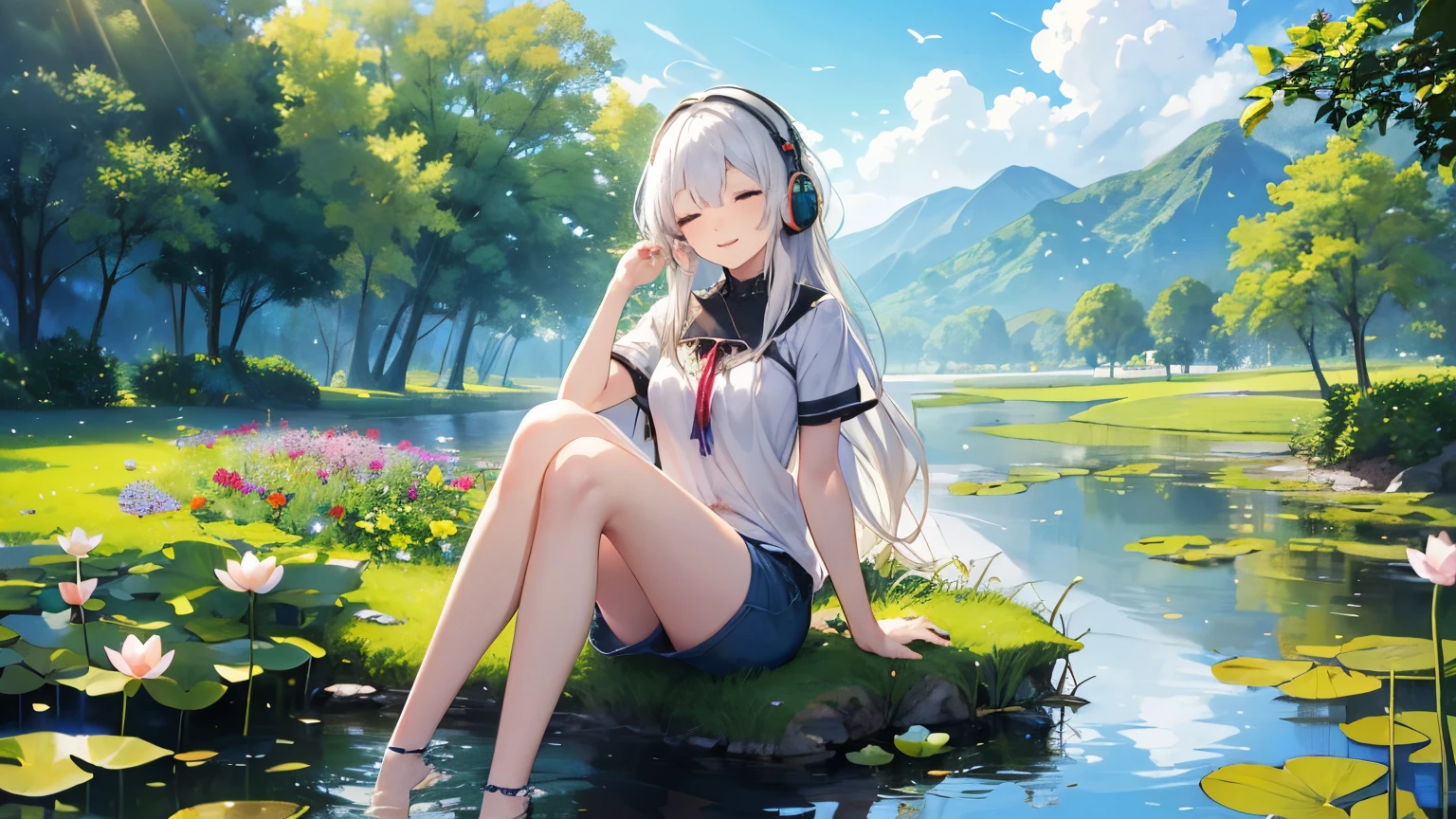 (( Masterpiece 、 top quality、 official art))、Detailed Anime、Unity 8 k wallpaper、((girl summer clothes 、 detailed face 、smile)) use headphone, beautifull silver long hair, sexy body, Wear short sleeves and shorts,enjoying music with closed eye, Roll up your trouser legs,Sitting by the clear pond and laughing,There are tall lotus leaves in the stream。Surrounded by lush greenery and a vast expanse of gorgeous flowers;They contrast beautifully with the blue sky and the hills in the distance.,It forms a peaceful and beautiful picture;In the foreground is a field of colorful flowers. Closed eyes because enjoying music