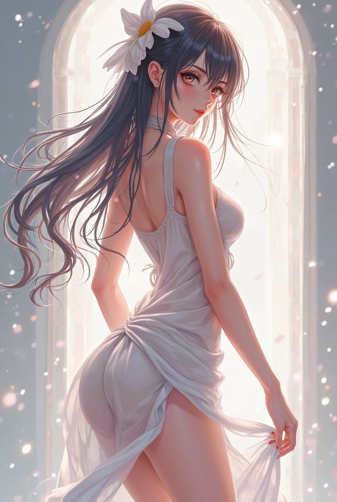 transparent shirt sweating naked skinny long hair brushes full body near a window