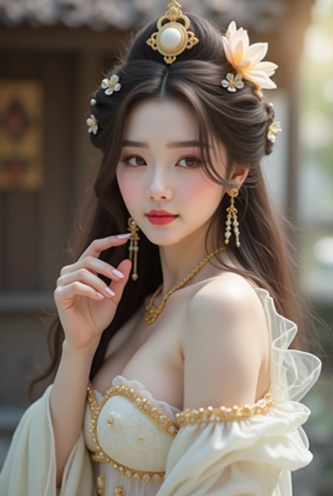 Create a masterpiece image of an exceptionally beautiful Asian girl with an angelic and innocent face. She should be adorned with radiant, intricate jewelry that catches the light, including gemstone earrings, a sparkling necklace, and delicate bracelets. Her attire should be mystical and captivating, made from rich fabrics such as silk and satin, with flowing designs and intricate patterns like classic floral motifs or mystical symbols.
She could be wearing a long dress with light, ethereal layers in enchanting colors like emerald green, twilight purple, or wine red, with meticulously embroidered details in gold or silver thread. Her hair could be long and silky, styled naturally or elegantly pinned up with delicate hair accessories like gold pins or fresh flowers.
The background should be an enchanting setting, perhaps a magical forest with shimmering light filtering through the leaves, or an ancient palace with intricate architecture and flickering candlelight. The lighting in the image should be professionally arranged, with soft rays gently illuminating her body and face, creating a shimmering and magical effect. Her posture and expression should convey a graceful elegance and an otherworldly charm, as if she is a goddess or a character stepping out of legend.