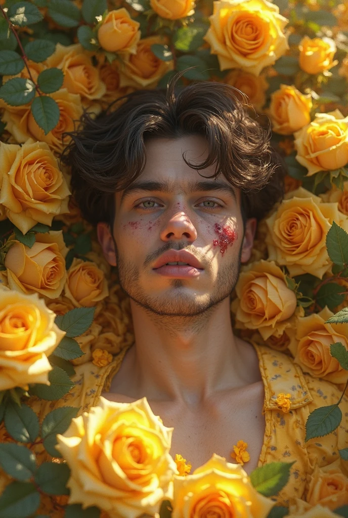 young handsome blue-eyed blond man in front of a flowery parade carrying in his hand a skull head