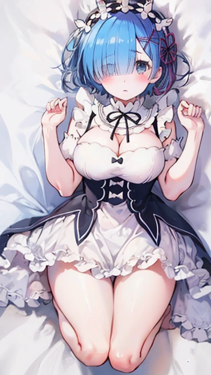 High quality, masterpiece, ultra-detailed, pink frilly dress, panties under pantyhouse, thighband pantyhouse, 1girl, solo, on bed, short hair, enchanting blue eyes, ridiculously large breasts, shiny skin, m legs